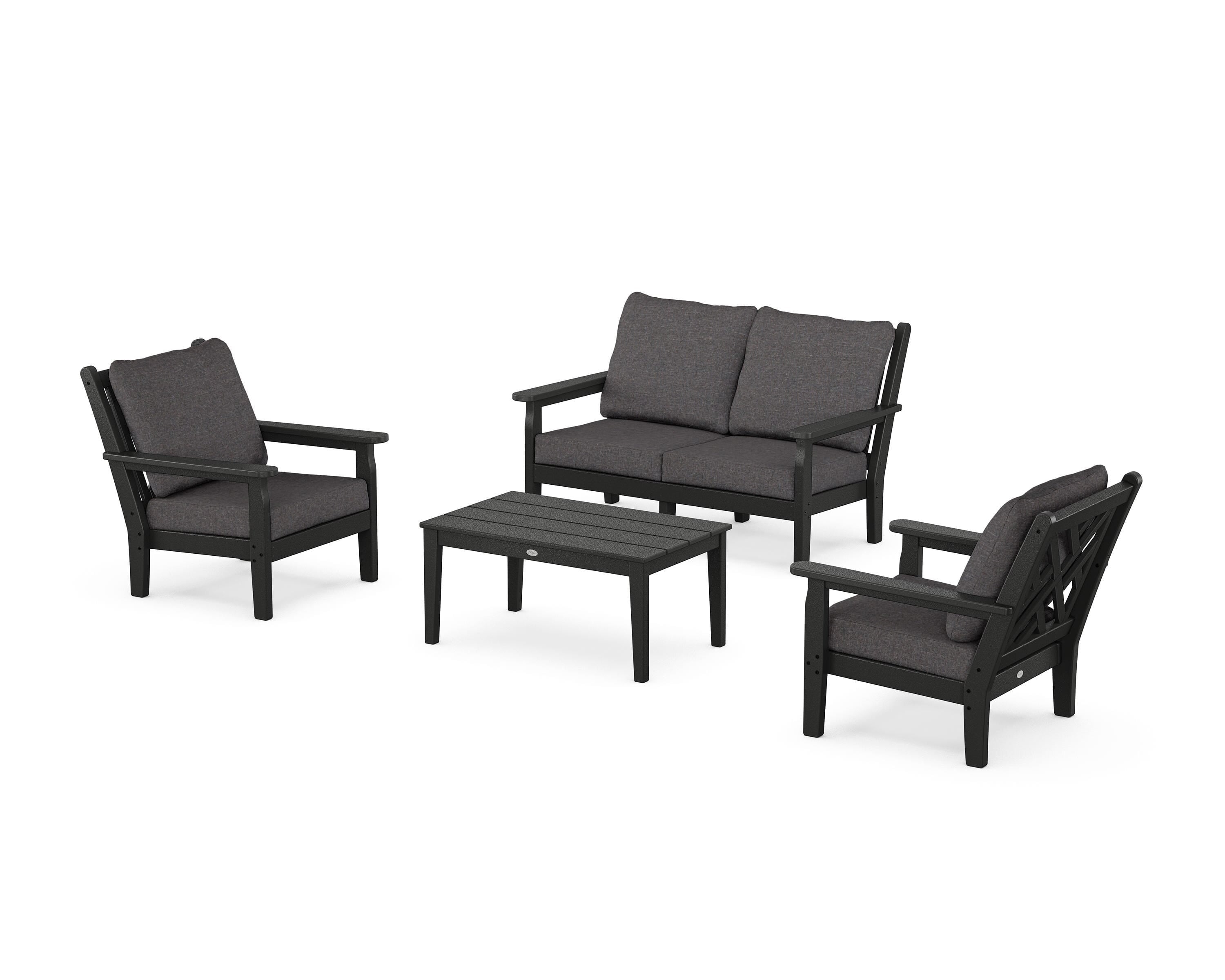 POLYWOOD Chippendale 4-Piece Deep Seating Set with Loveseat in Black / Ash Charcoal