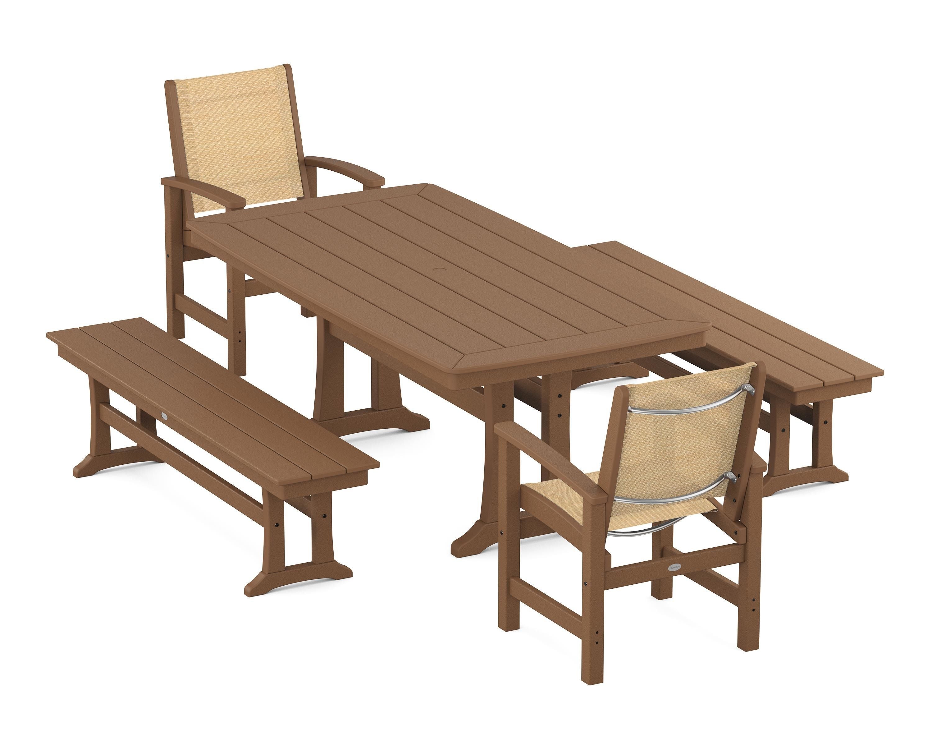 POLYWOOD Coastal 5-Piece Dining Set with Trestle Legs and Benches in Teak / Dupioni Apricot Sling
