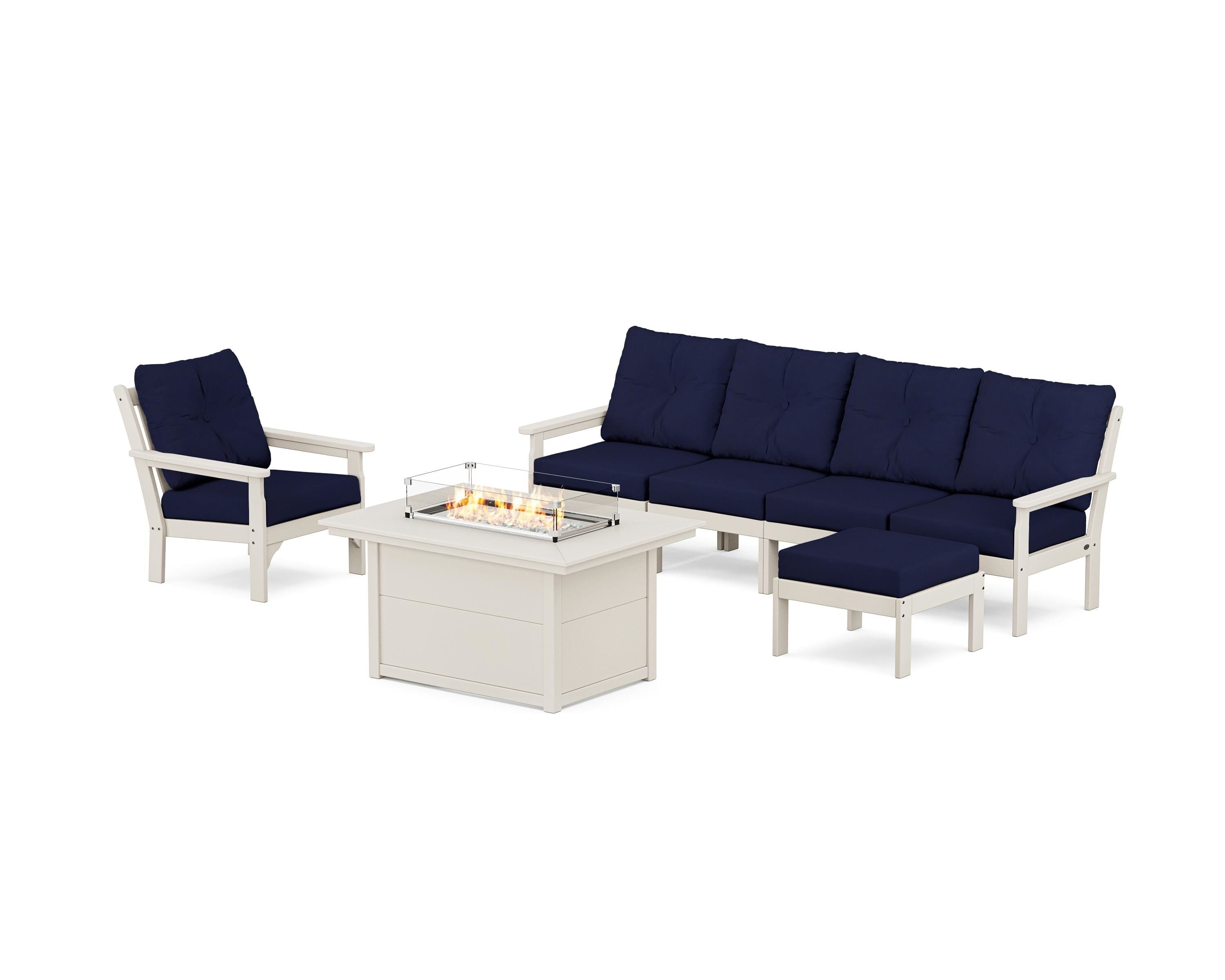 POLYWOOD Vineyard Sectional Lounge and Fire Pit Set in Sand / Navy