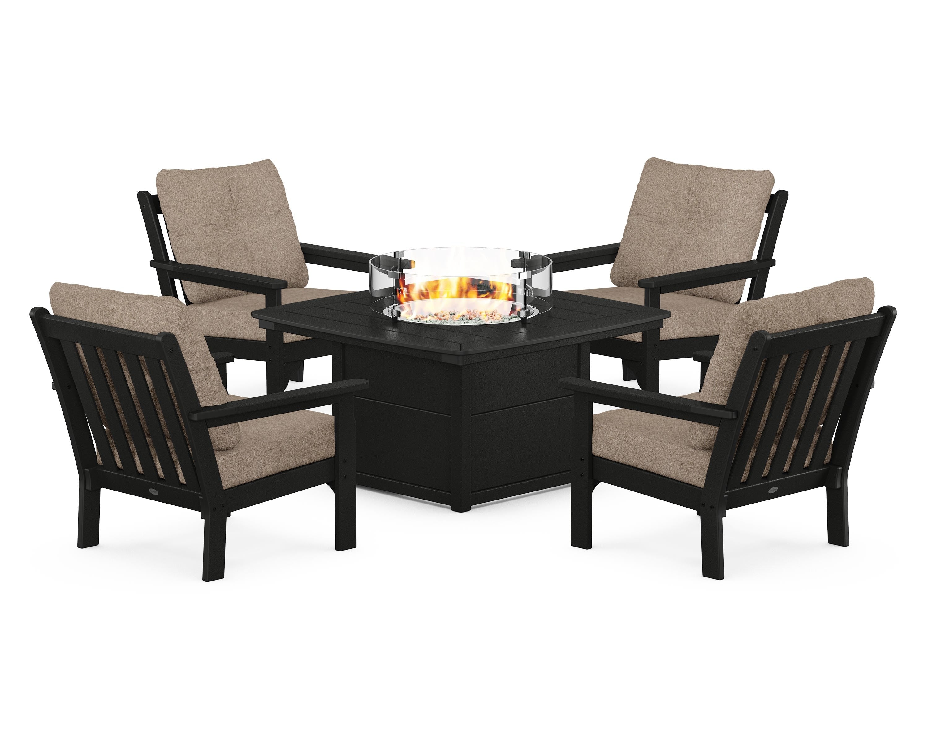POLYWOOD Vineyard 5-Piece Conversation Set with Fire Pit Table in Black / Spiced Burlap