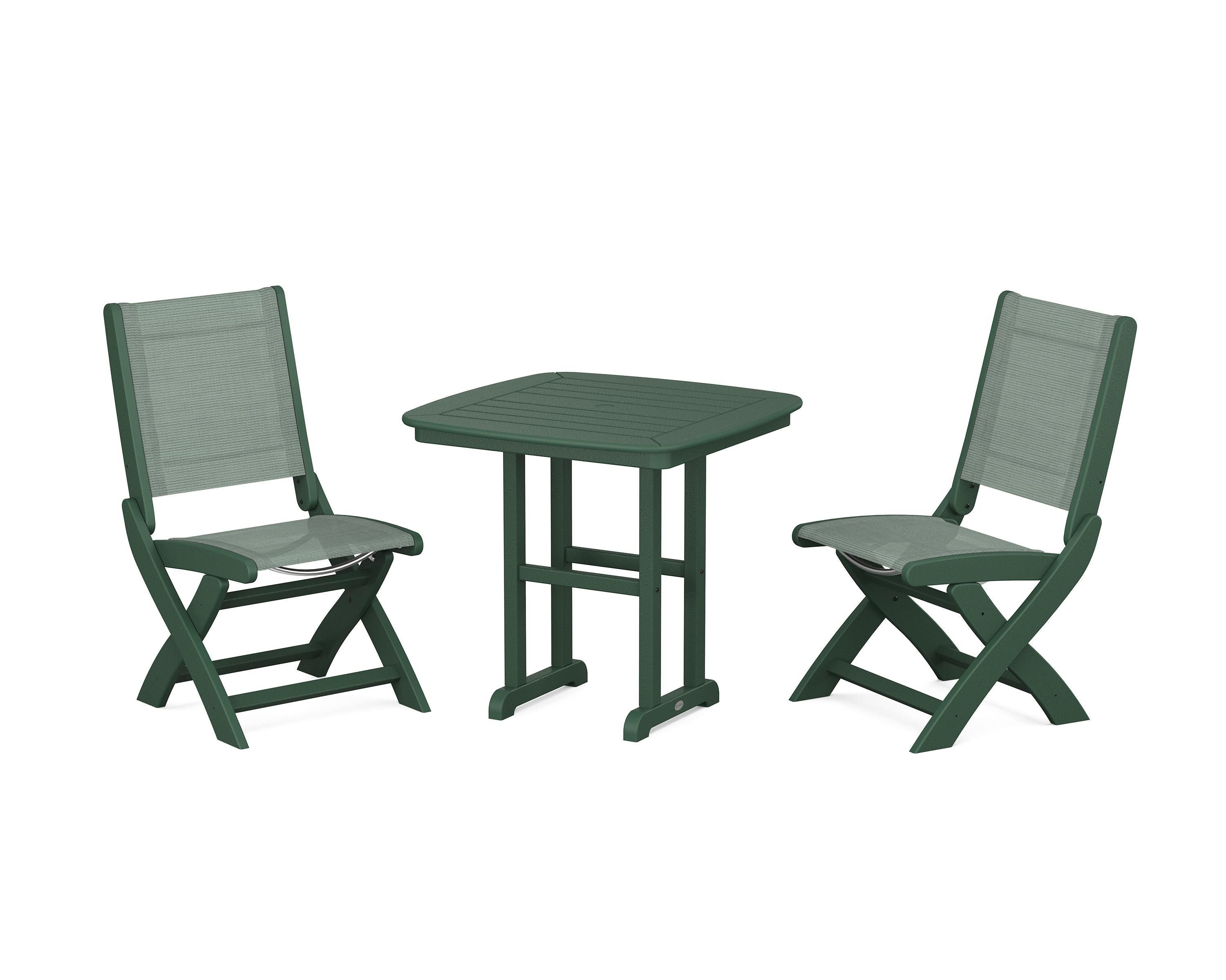 POLYWOOD Coastal Folding Side Chair 3-Piece Dining Set in Green / Dupioni Sea Mist Sling