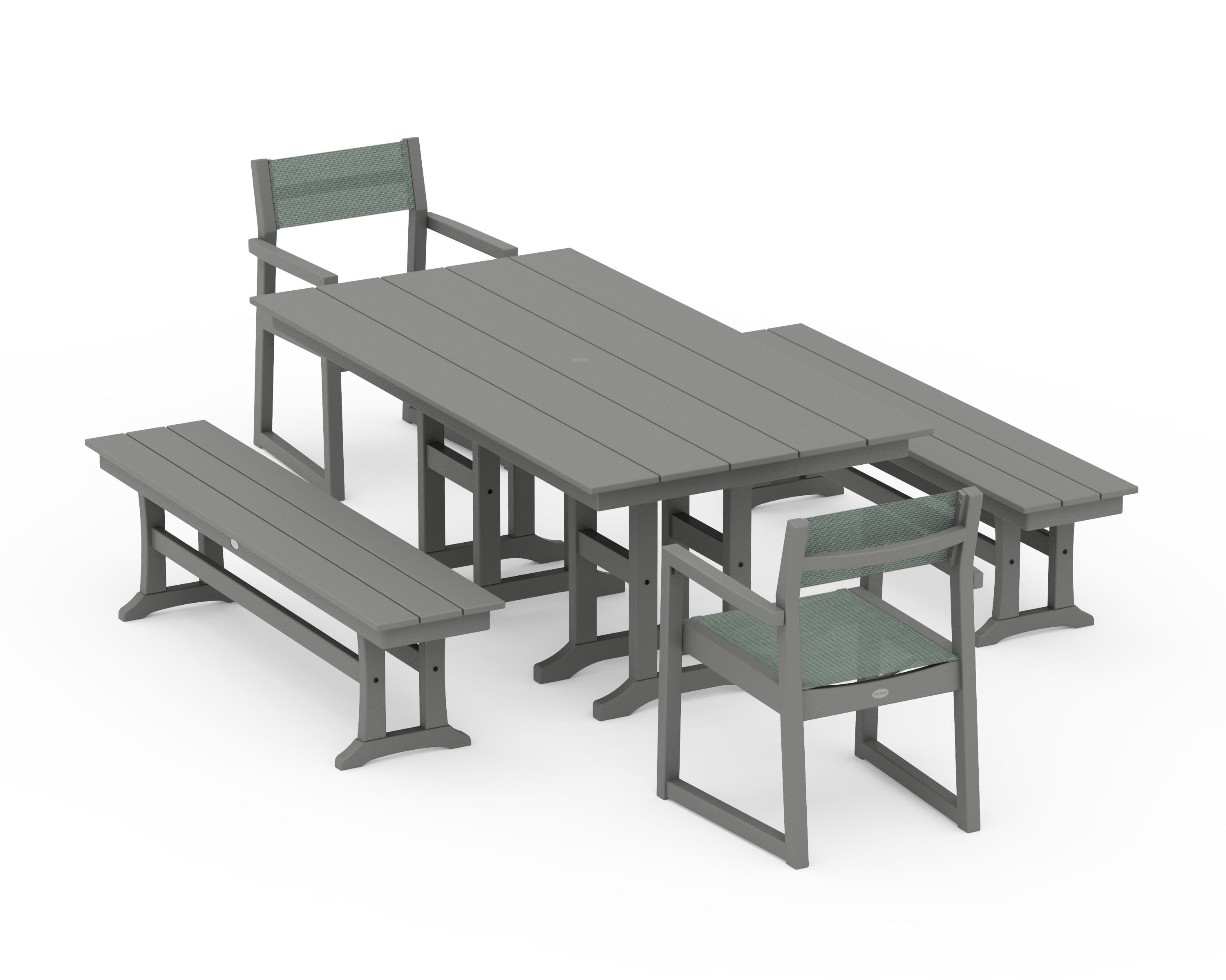 POLYWOOD EDGE Sling Arm Chair 5-Piece Farmhouse Dining Set with Benches in Slate Grey / Dupioni Sea Mist Sling