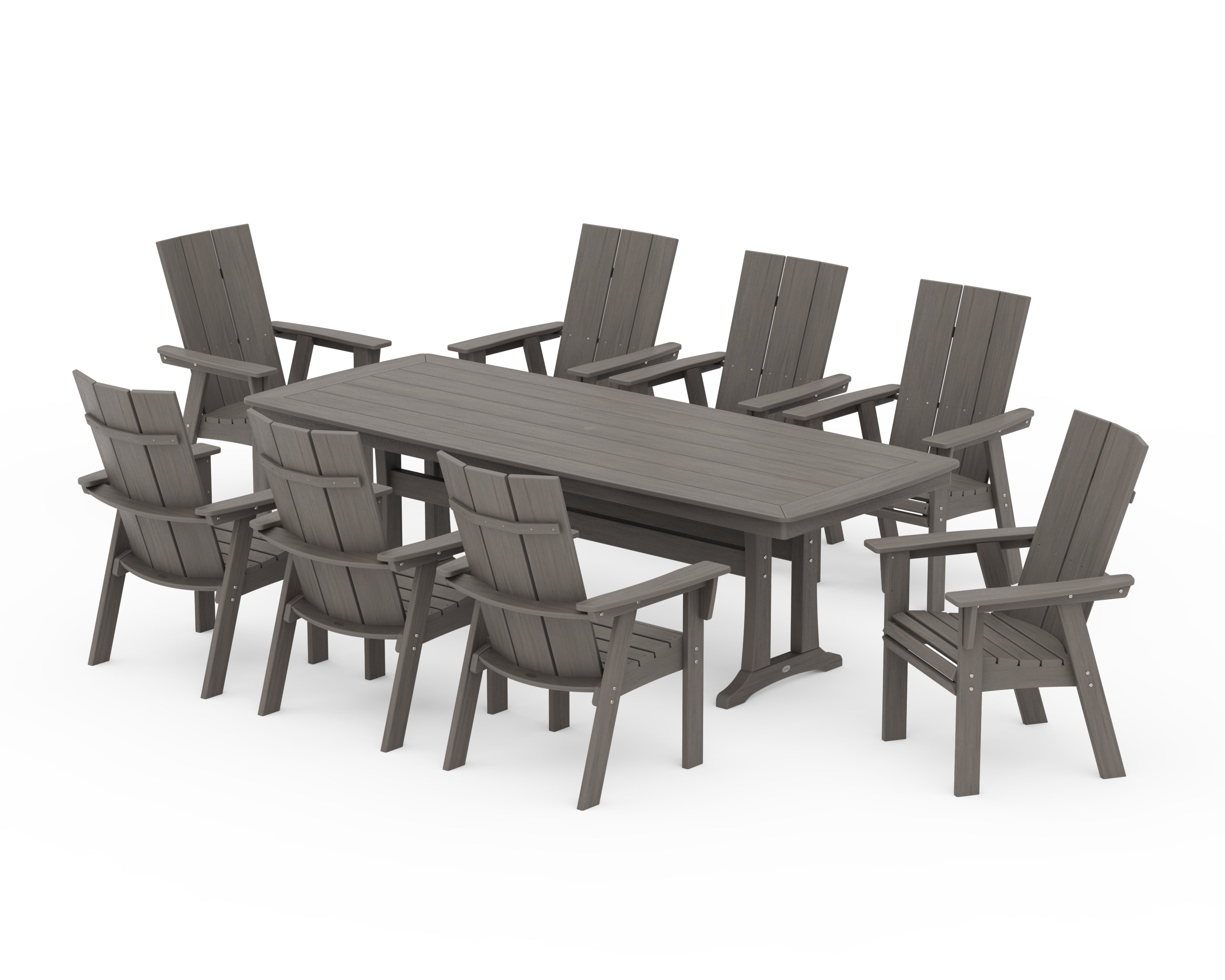 POLYWOOD Modern Curveback Adirondack 9-Piece Dining Set with Trestle Legs in Driftwood
