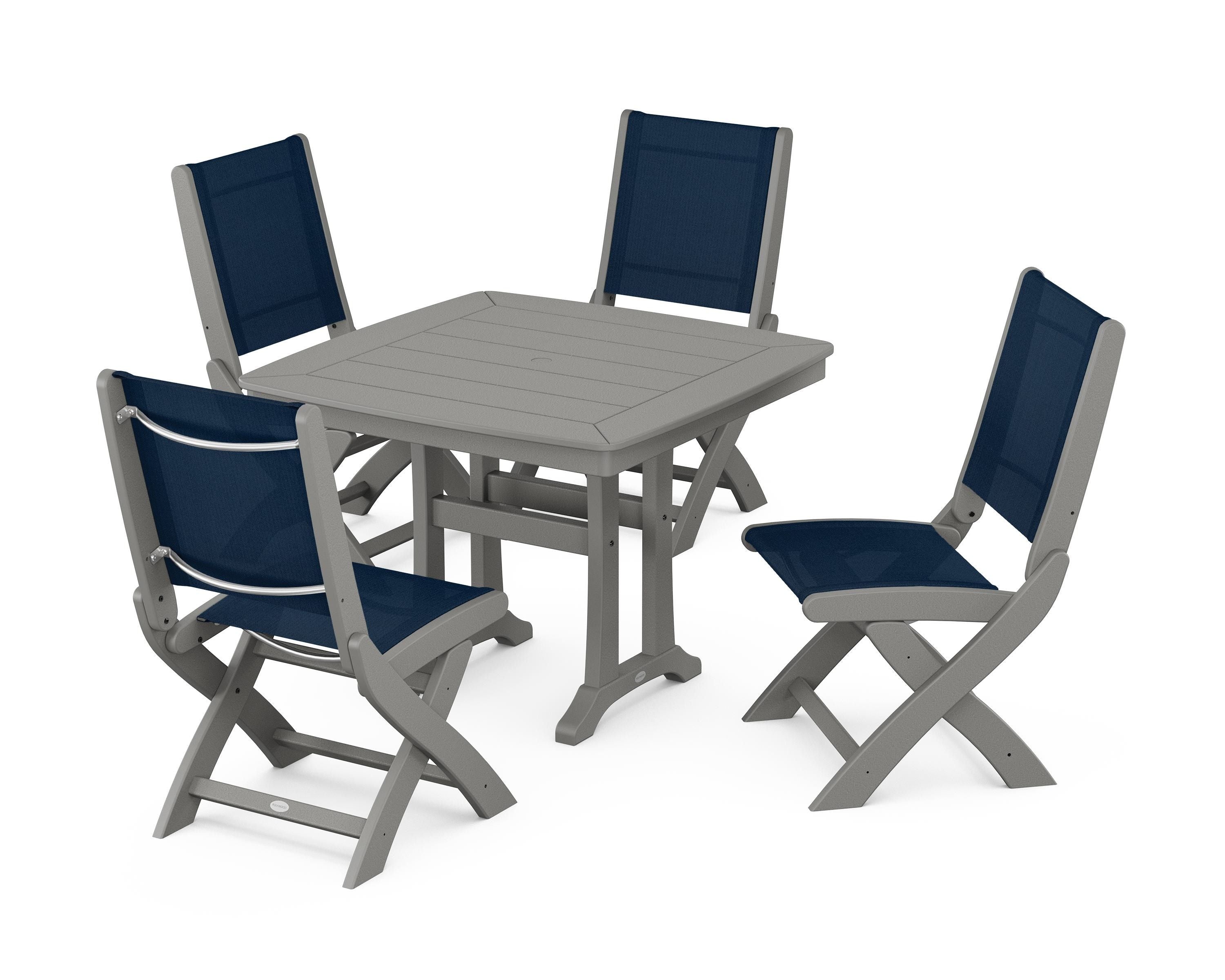 POLYWOOD Coastal Folding Side Chair 5-Piece Dining Set with Trestle Legs in Slate Grey / Navy Blue Sling