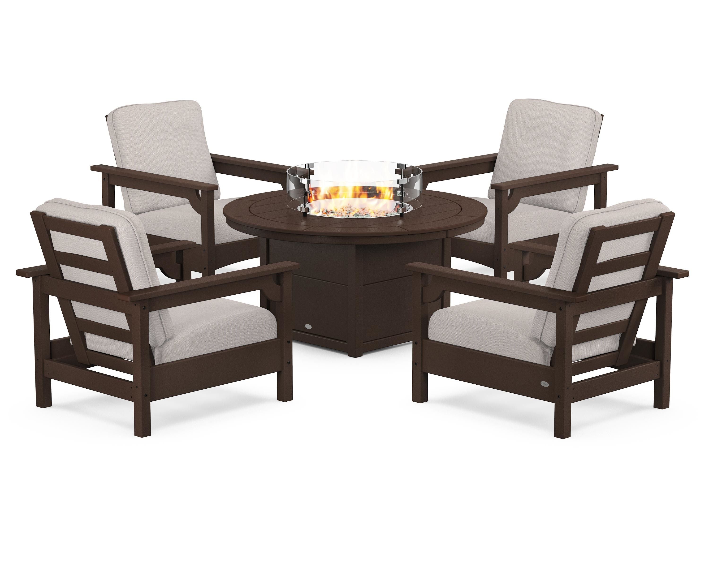 POLYWOOD Club 5-Piece Conversation Set with Fire Pit Table in Mahogany / Dune Burlap