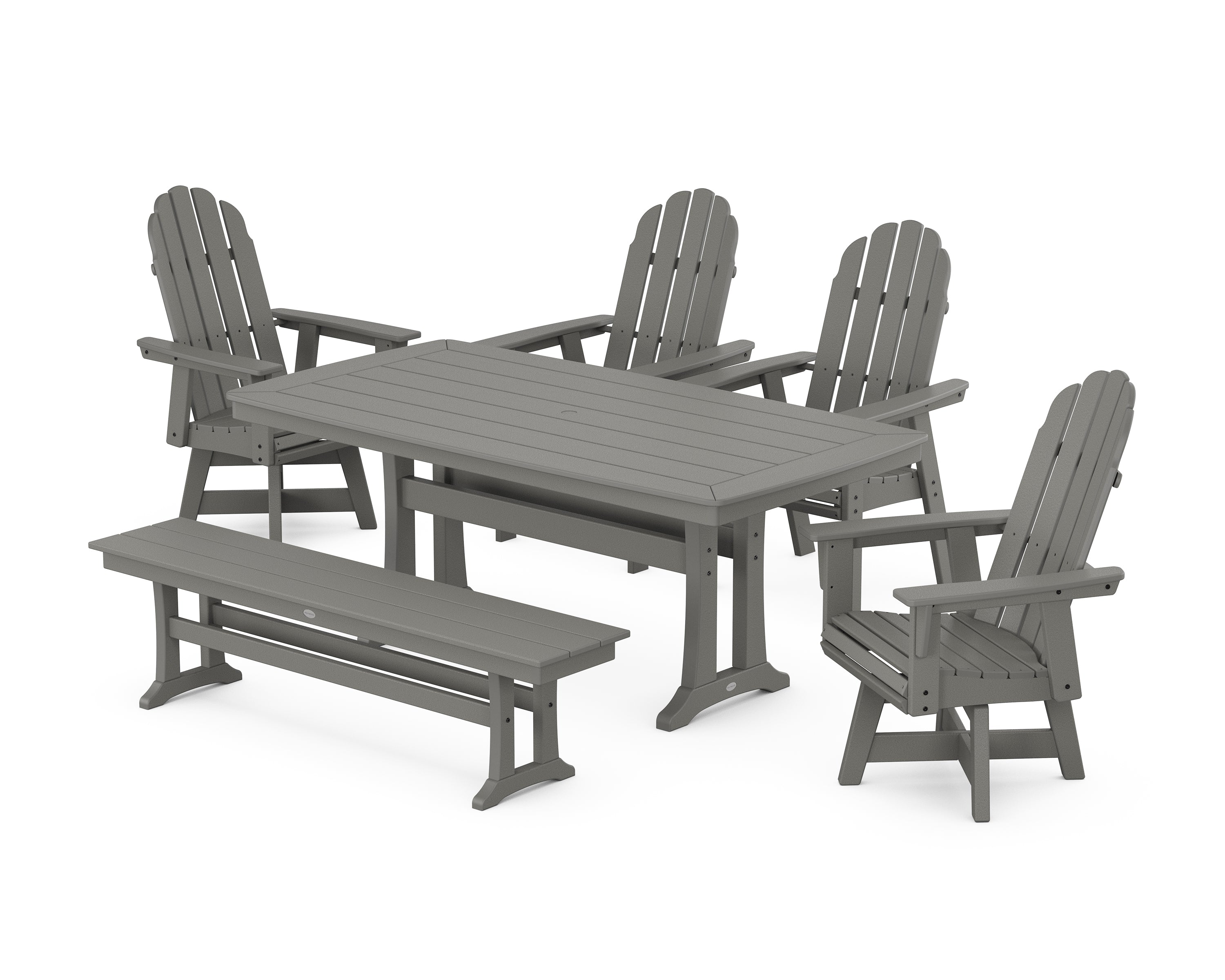 POLYWOOD® Vineyard Curveback Adirondack Swivel Chair 6-Piece Dining Set with Trestle Legs and Bench in Slate Grey