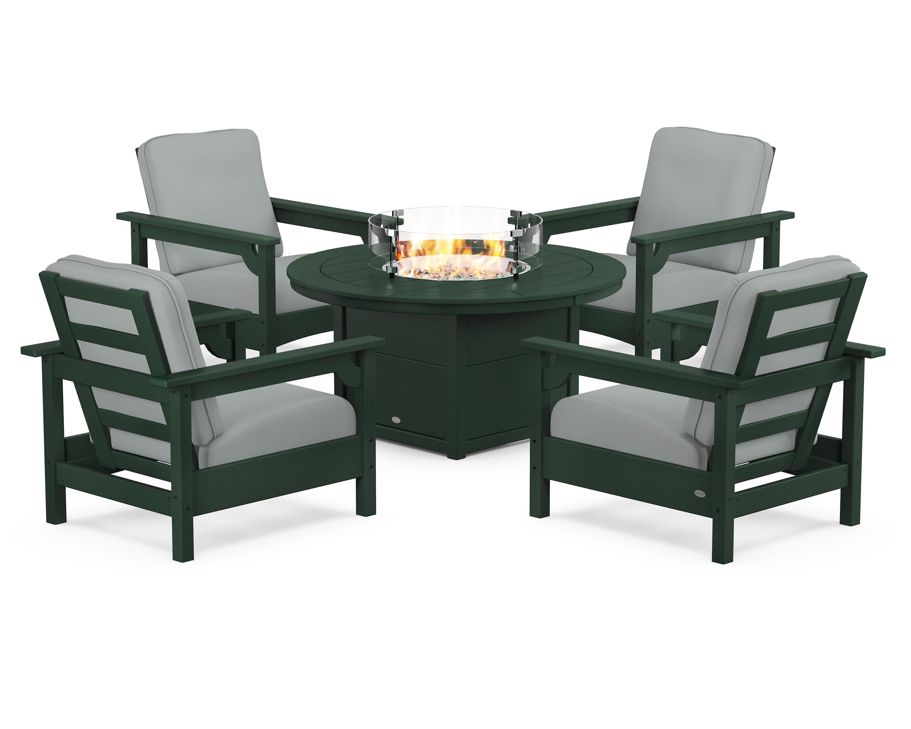 POLYWOOD Club 5-Piece Conversation Set with Fire Pit Table in Green / Spa