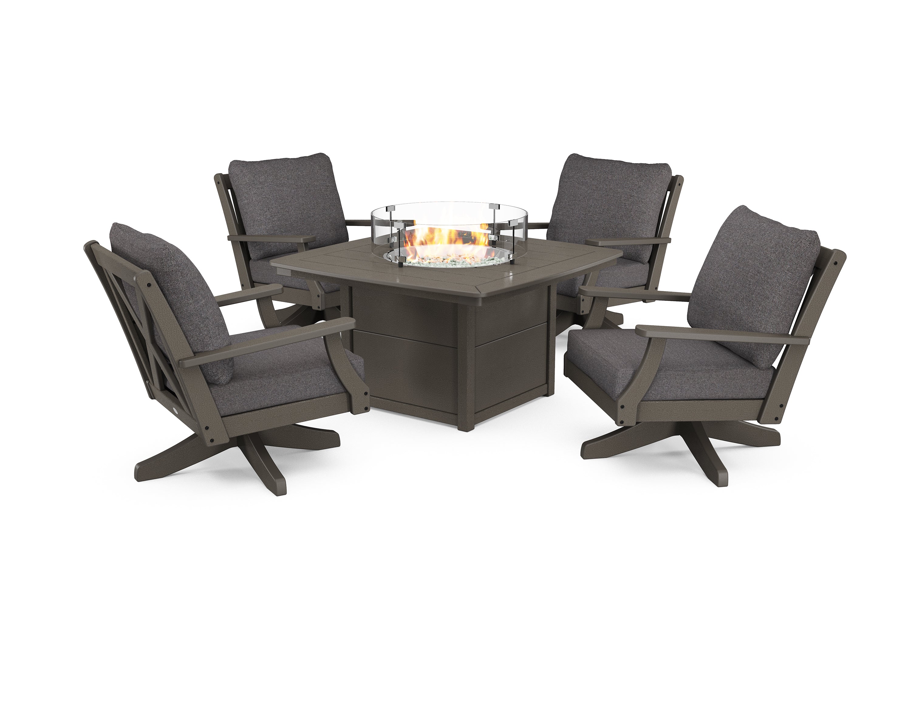 POLYWOOD Braxton 5-Piece Deep Seating Swivel Conversation Set with Fire Pit Table in Vintage Coffee / Ash Charcoal