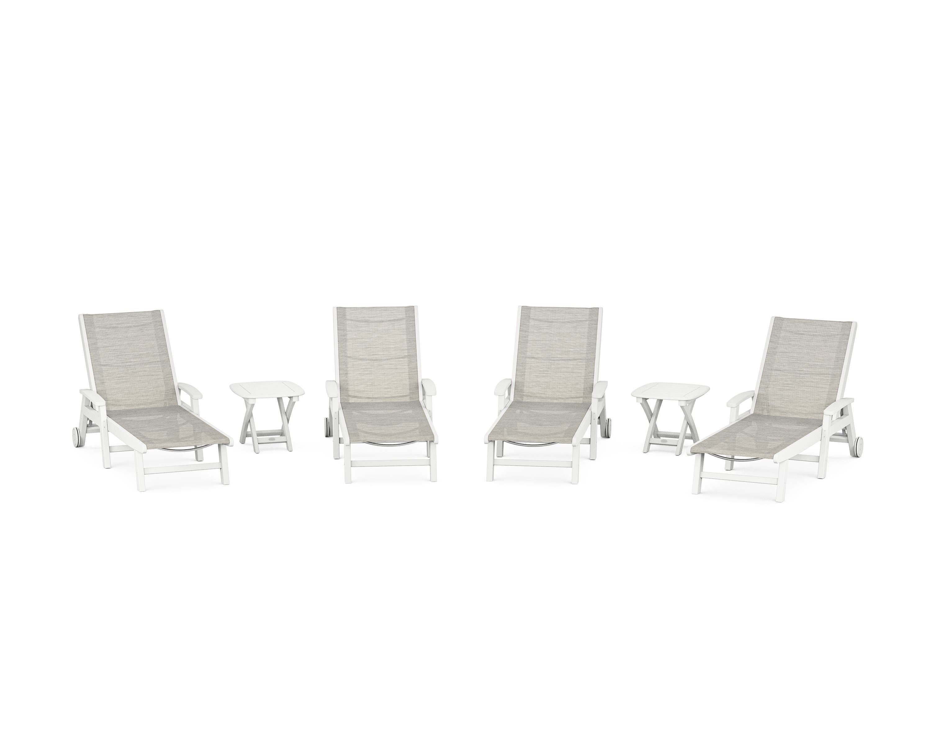 POLYWOOD Coastal Chaise 6-Piece Set with Wheels in White / Birch Sling
