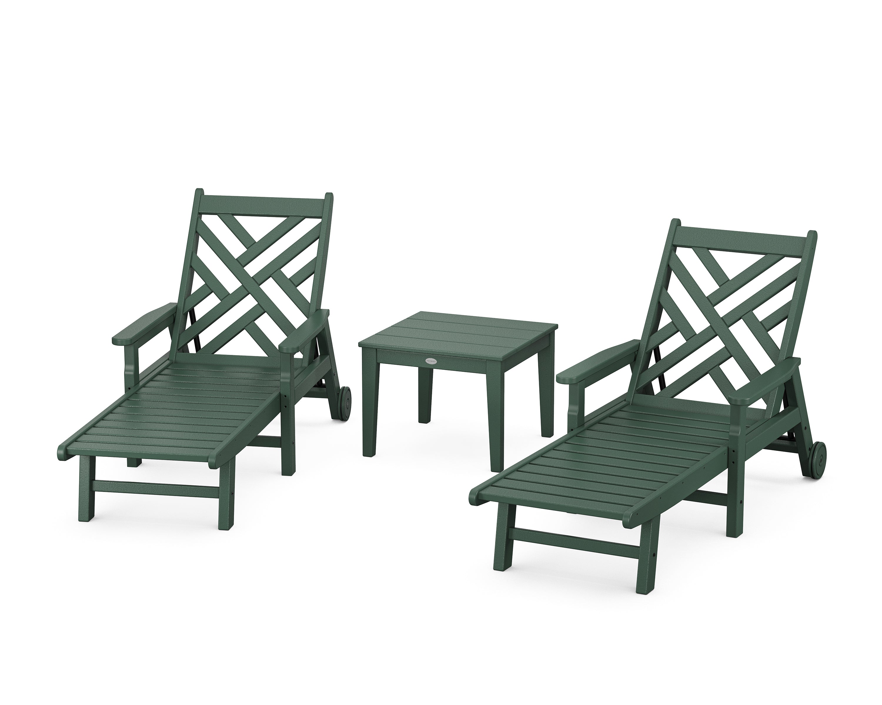 POLYWOOD Chippendale 3-Piece Chaise Set with Arms and Wheels in Green