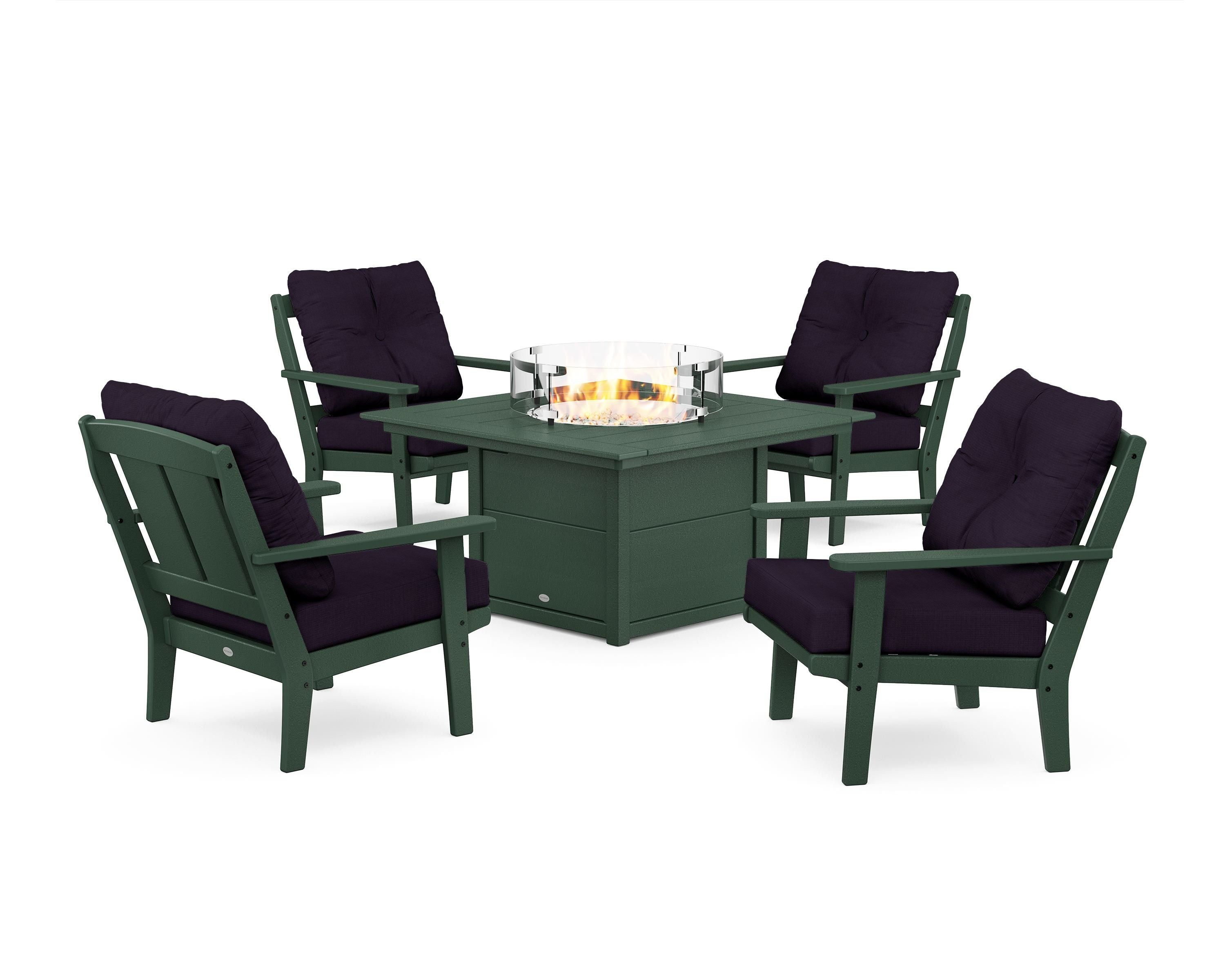 POLYWOOD Mission 5-Piece Deep Seating Set with Fire Pit Table in Green / Navy Linen