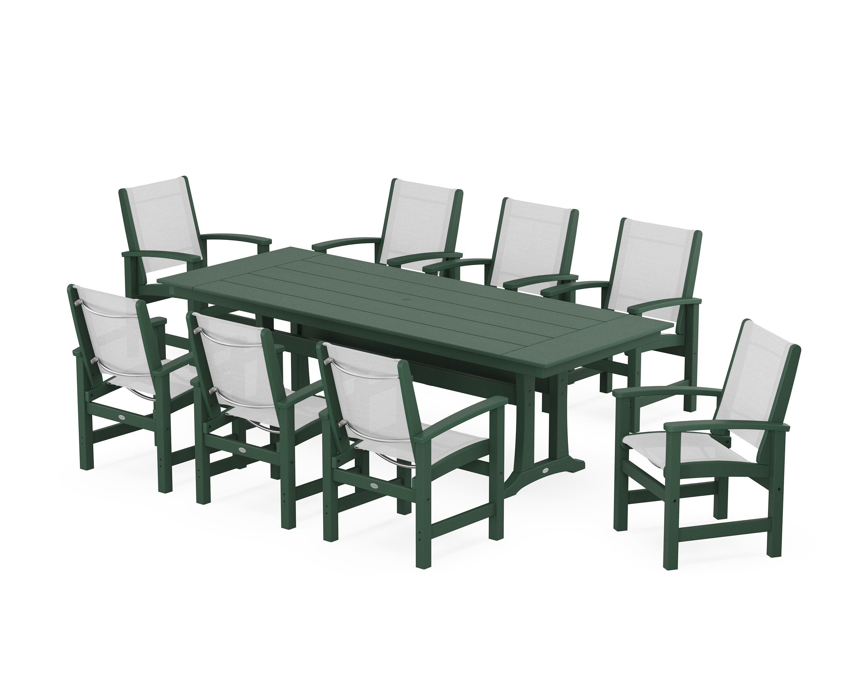 POLYWOOD Coastal 9-Piece Farmhouse Dining Set with Trestle Legs in Green / White Sling