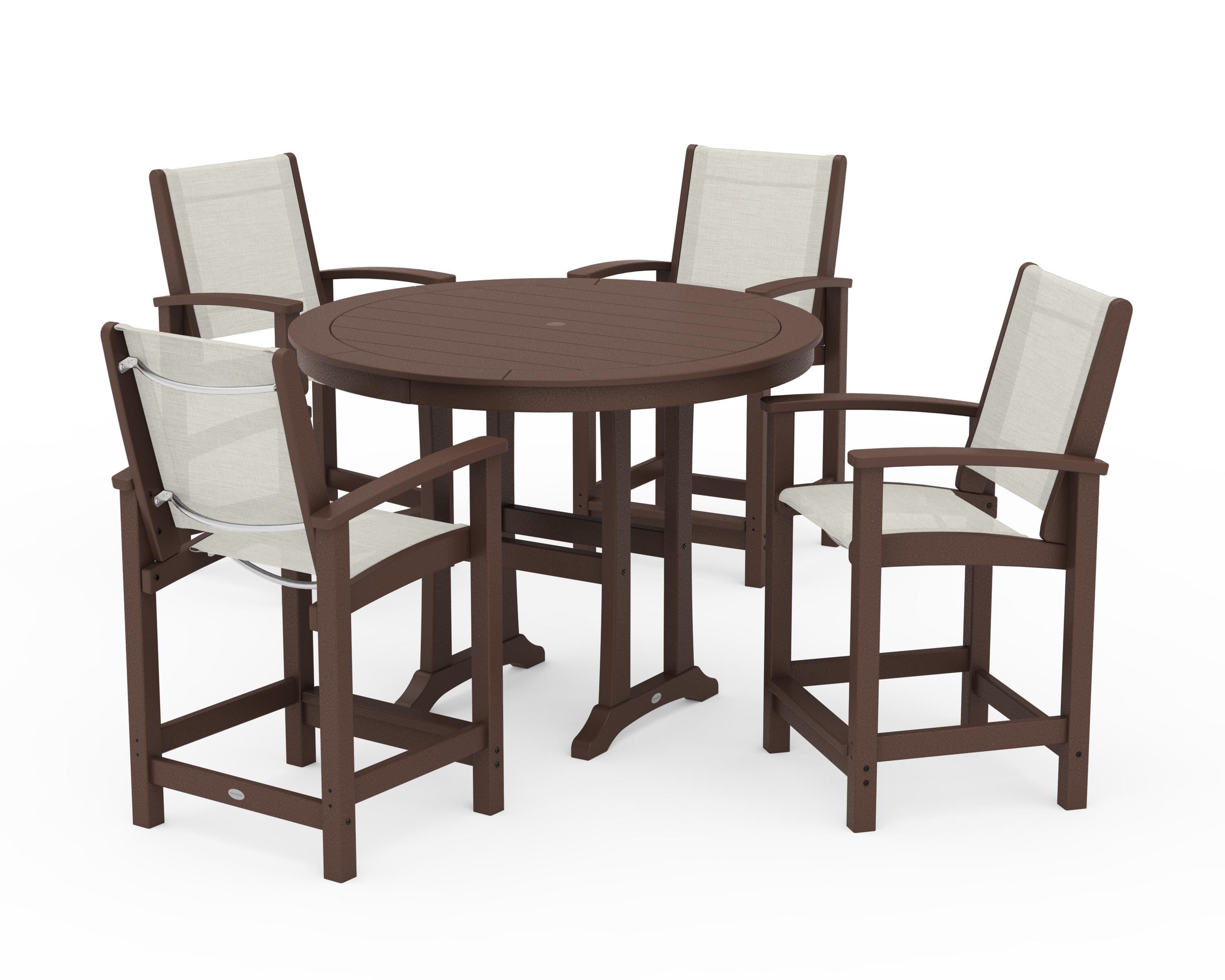POLYWOOD Coastal 5-Piece Counter Set in Mahogany / Parchment Sling