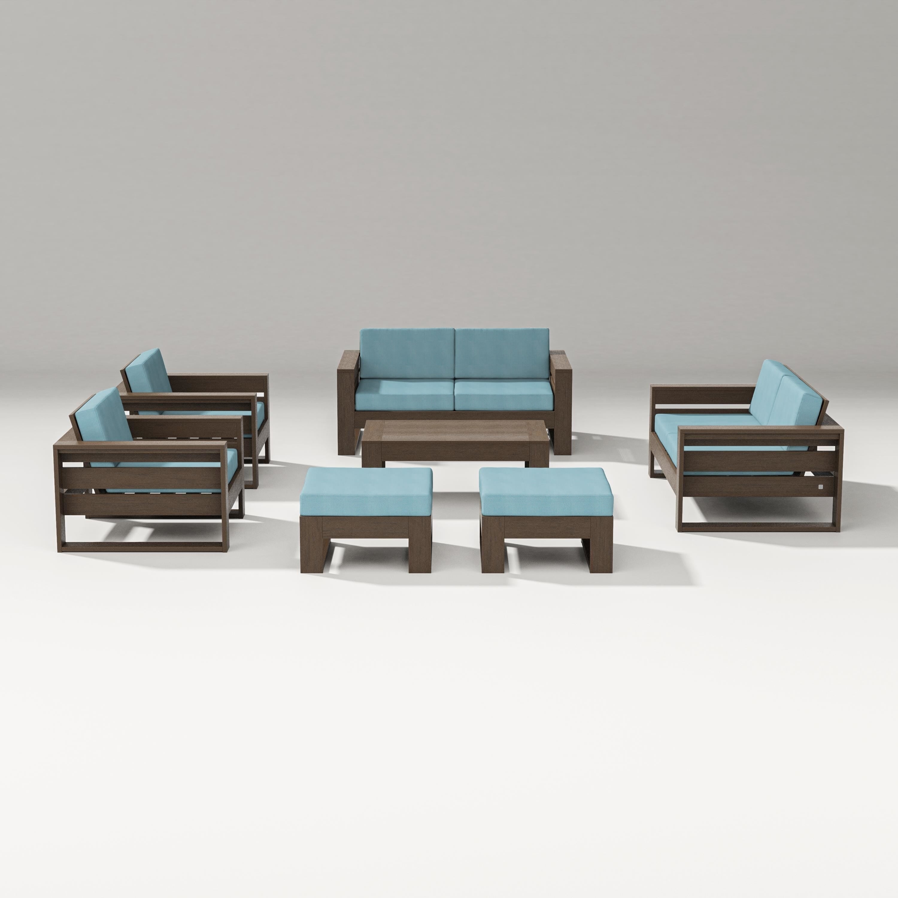 PW Designer Series Latitude 7-Piece Lounge Loveseat Set in Kona / Lattice Sky Blue