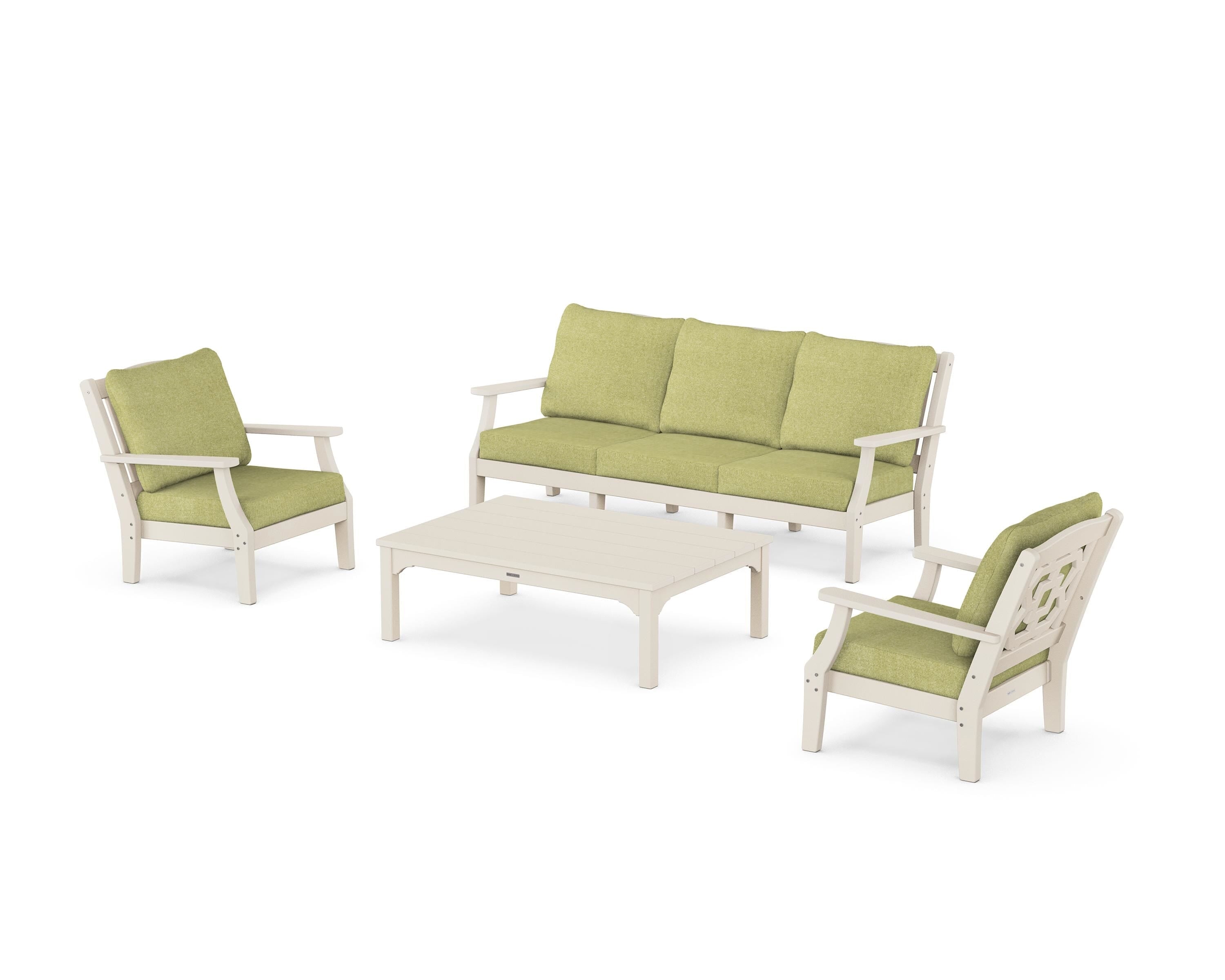 Martha Stewart by POLYWOOD Chinoiserie 4-Piece Deep Seating Set with Sofa in Sand / Chartreuse Boucle