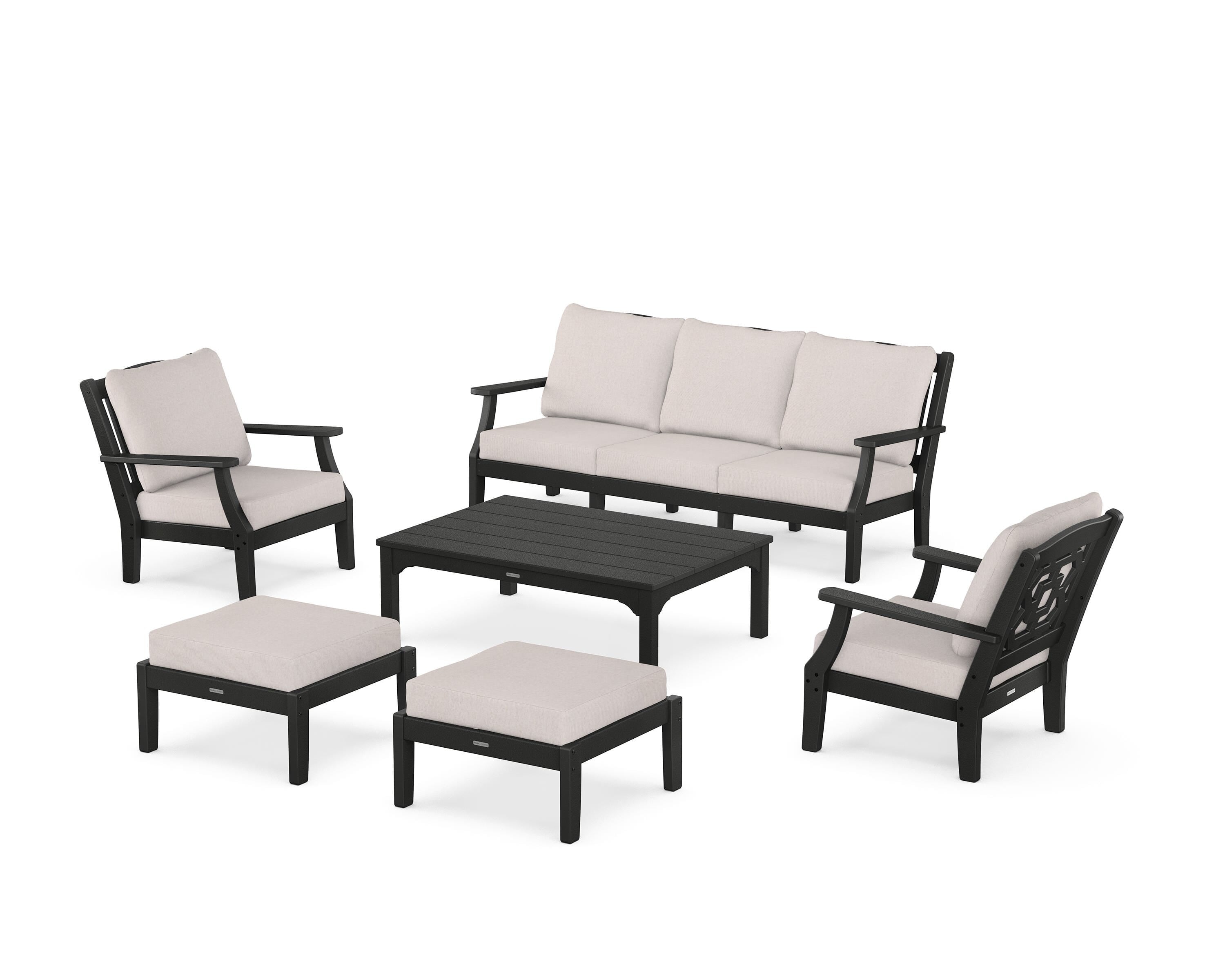 Martha Stewart by POLYWOOD Chinoiserie 6-Piece Lounge Sofa Set in Black / Dune Burlap