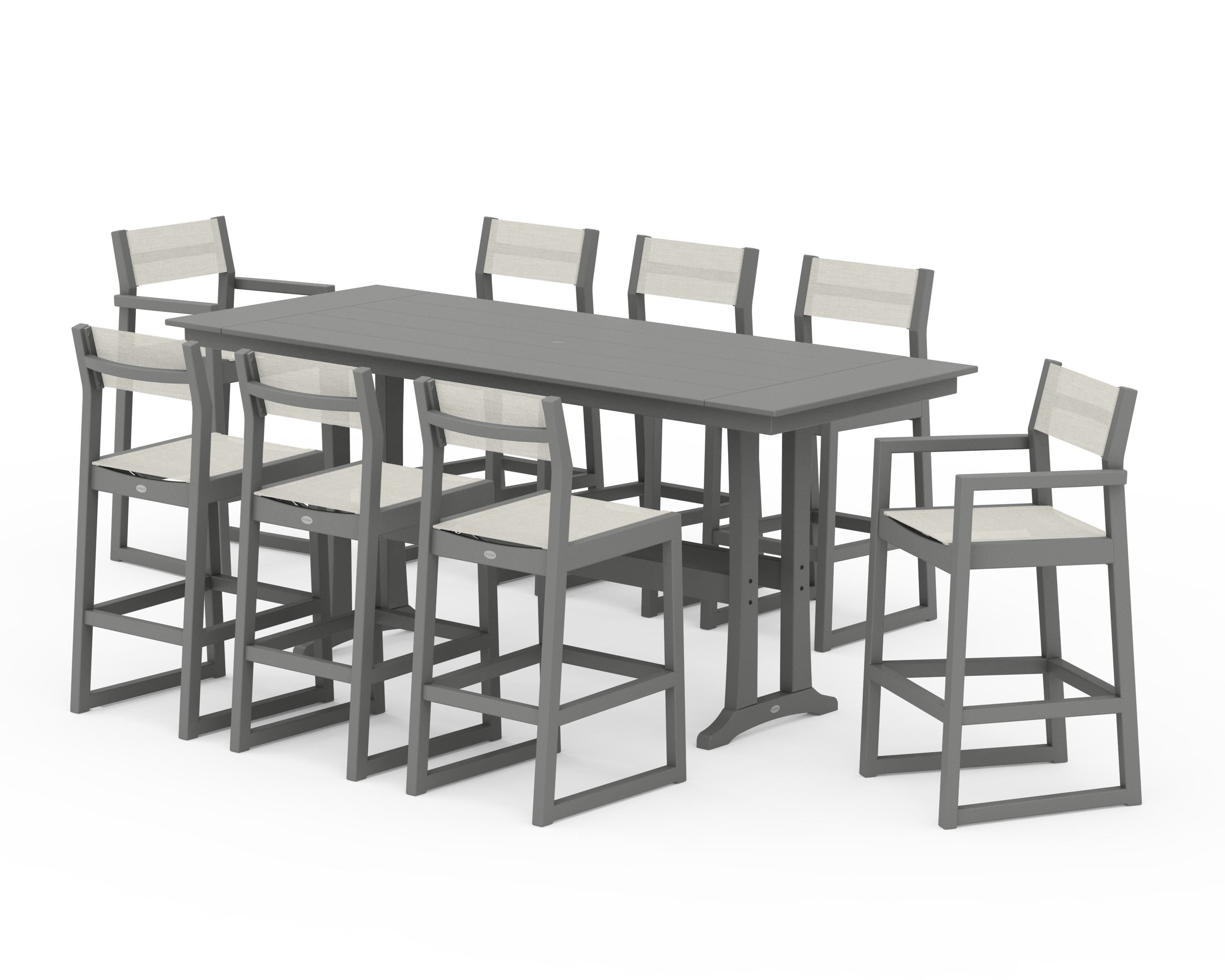 POLYWOOD EDGE Sling 9-Piece Farmhouse Bar Set with Trestle Legs in Slate Grey / Parchment Sling