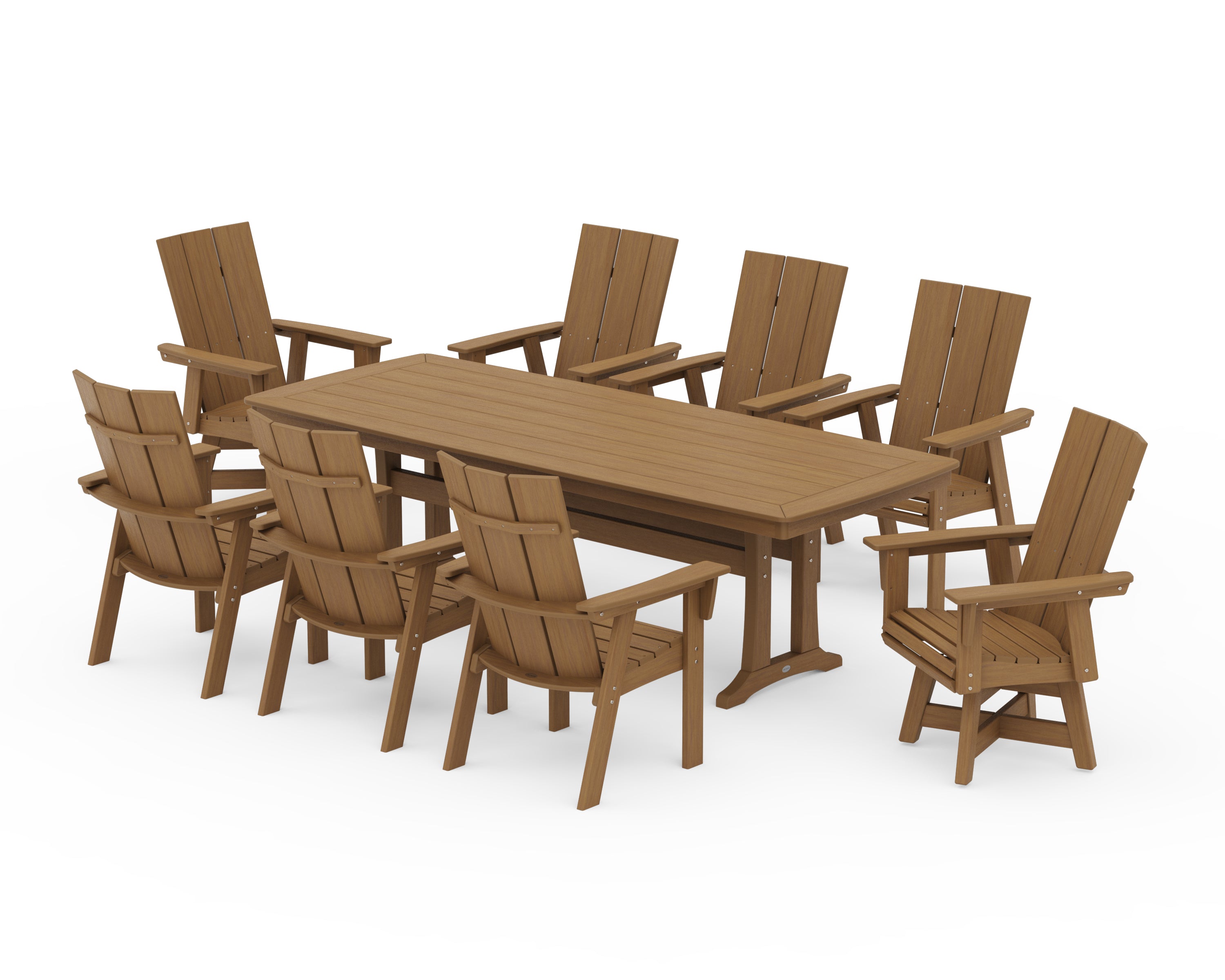 POLYWOOD Modern Curveback Adirondack Swivel 9-Piece Dining Set with Trestle Legs in Natural