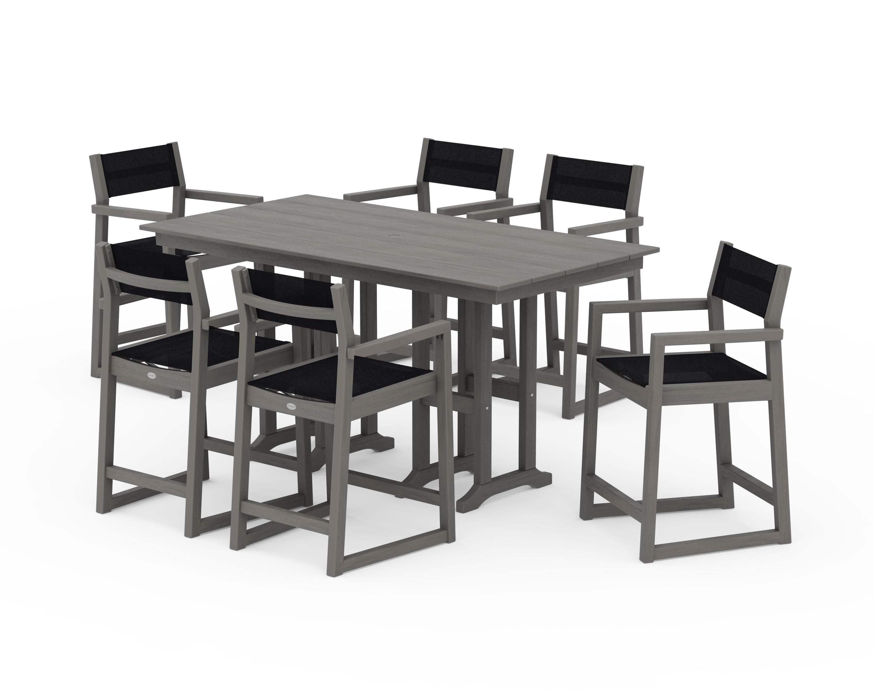 POLYWOOD EDGE Sling Arm Chair 7-Piece Farmhouse Counter Set in Driftwood / Black Sling
