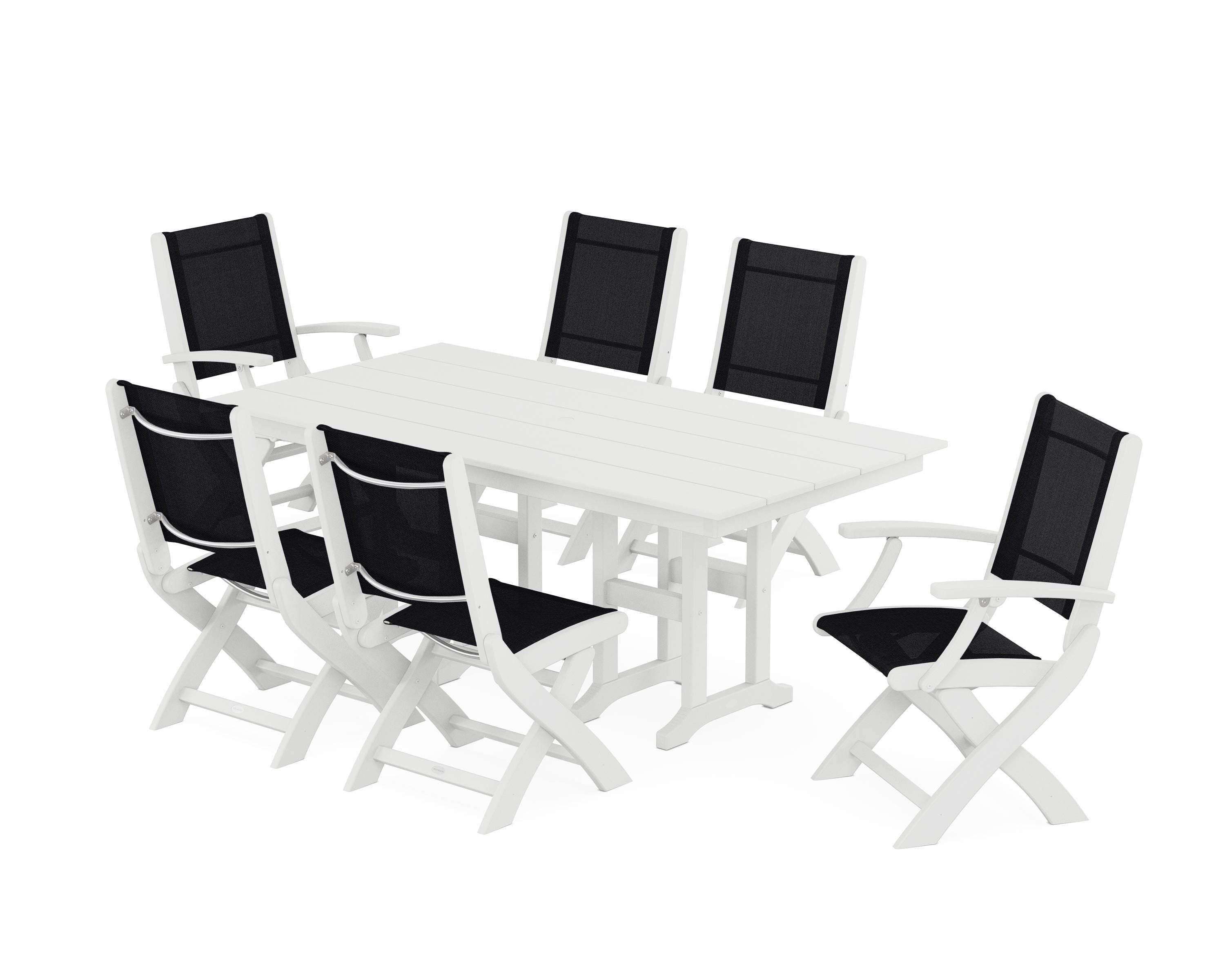 POLYWOOD Coastal Folding Chair 7-Piece Farmhouse Dining Set in White / Black Sling