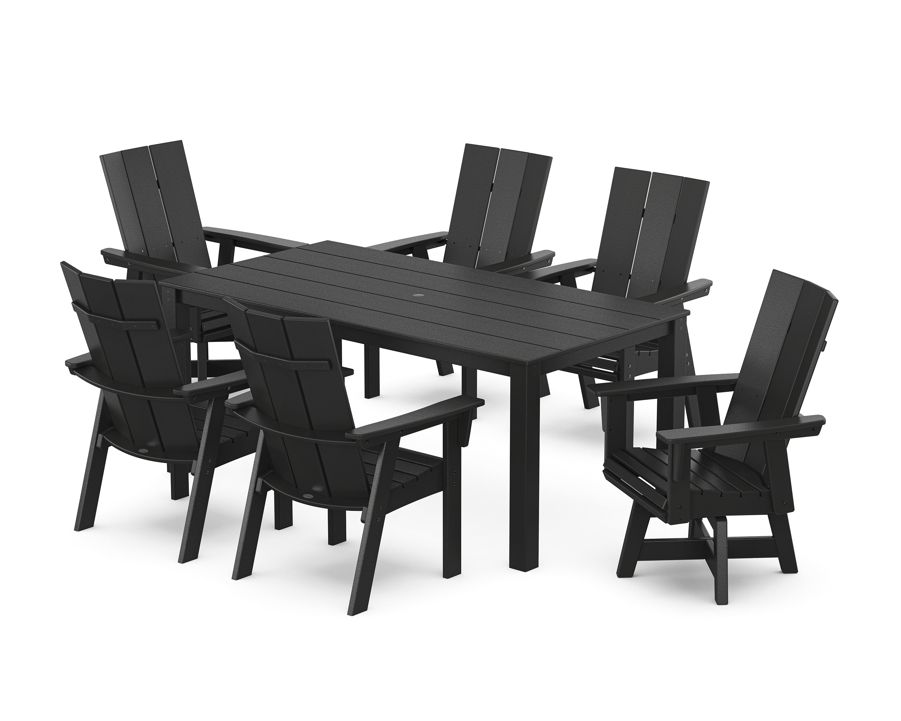 POLYWOOD® Modern Curveback Adirondack 7-Piece Parsons Swivel Dining Set in Black