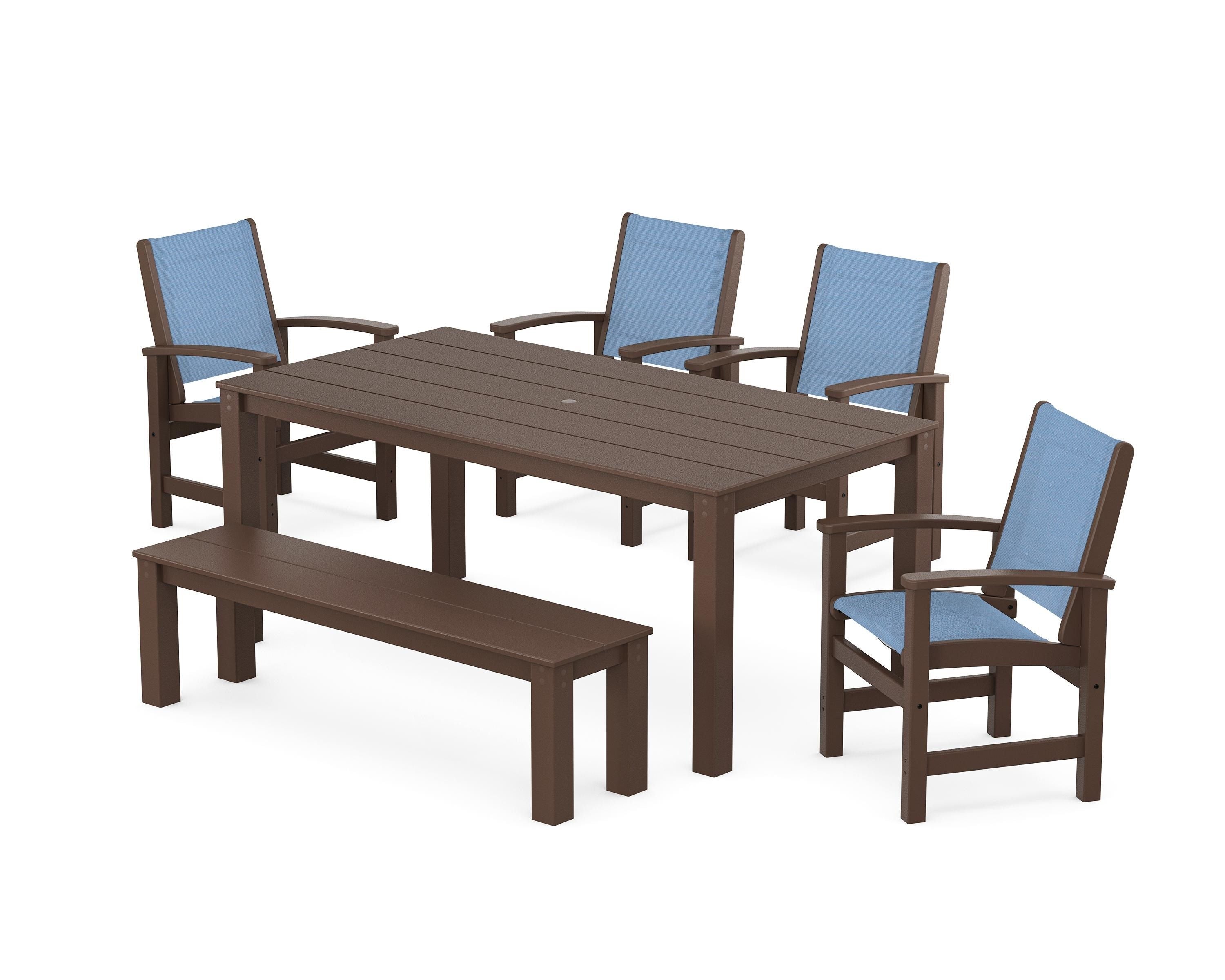 POLYWOOD Coastal 6-Piece Parsons Dining Set with Bench in Mahogany / Poolside Sling