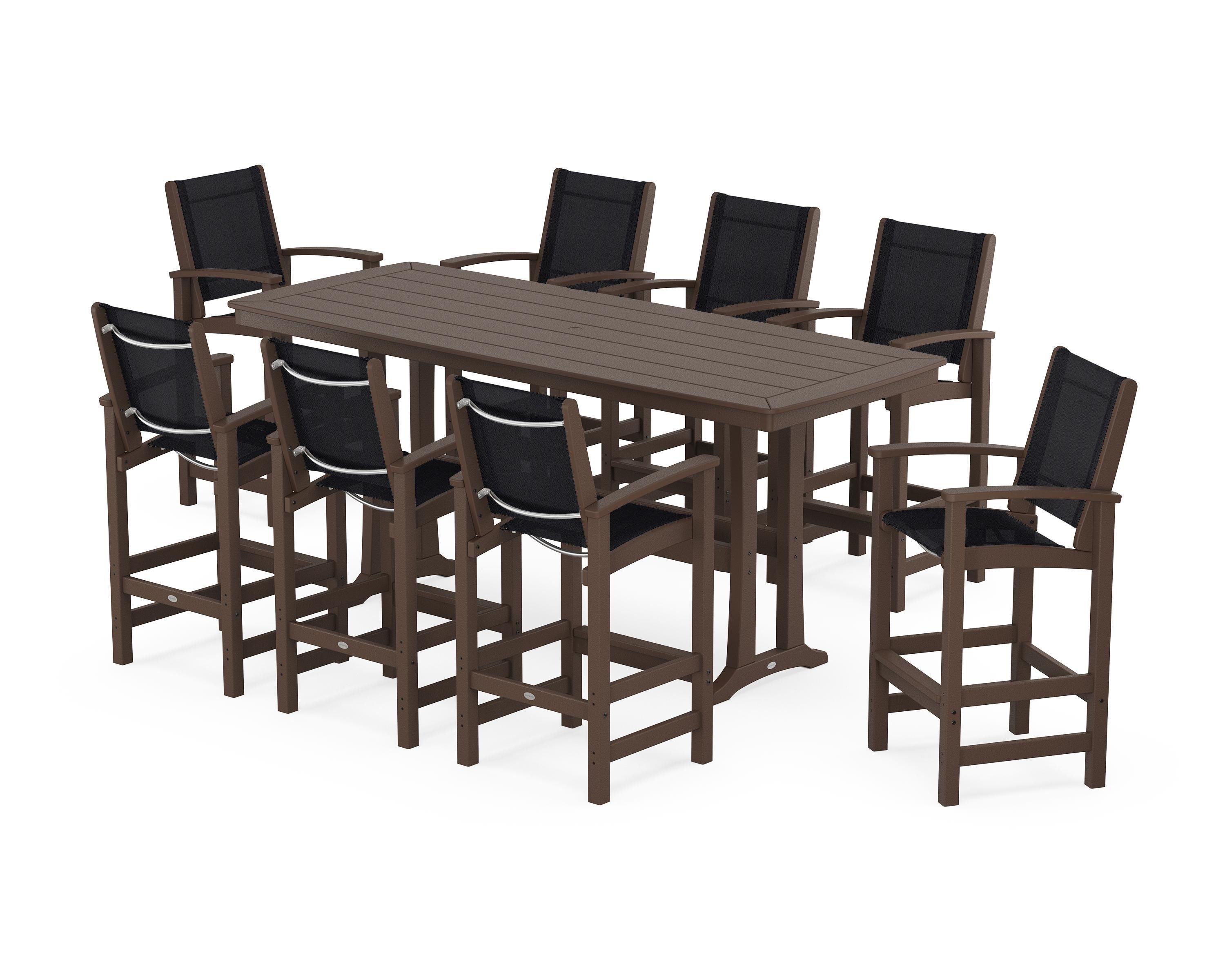 POLYWOOD Coastal 9-Piece Bar Set with Trestle Legs in Mahogany / Black Sling