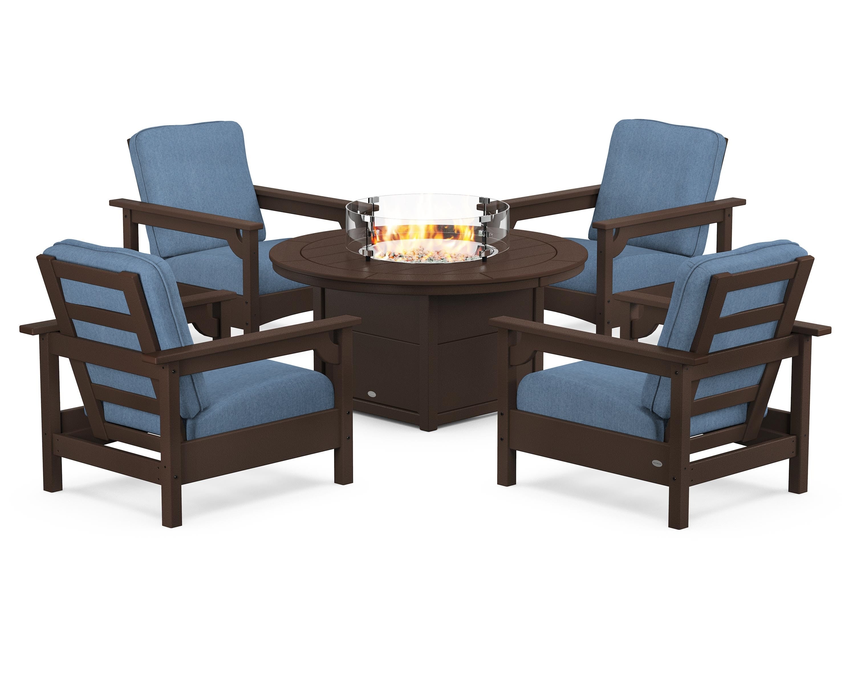 POLYWOOD Club 5-Piece Conversation Set with Fire Pit Table in Mahogany / Sky Blue