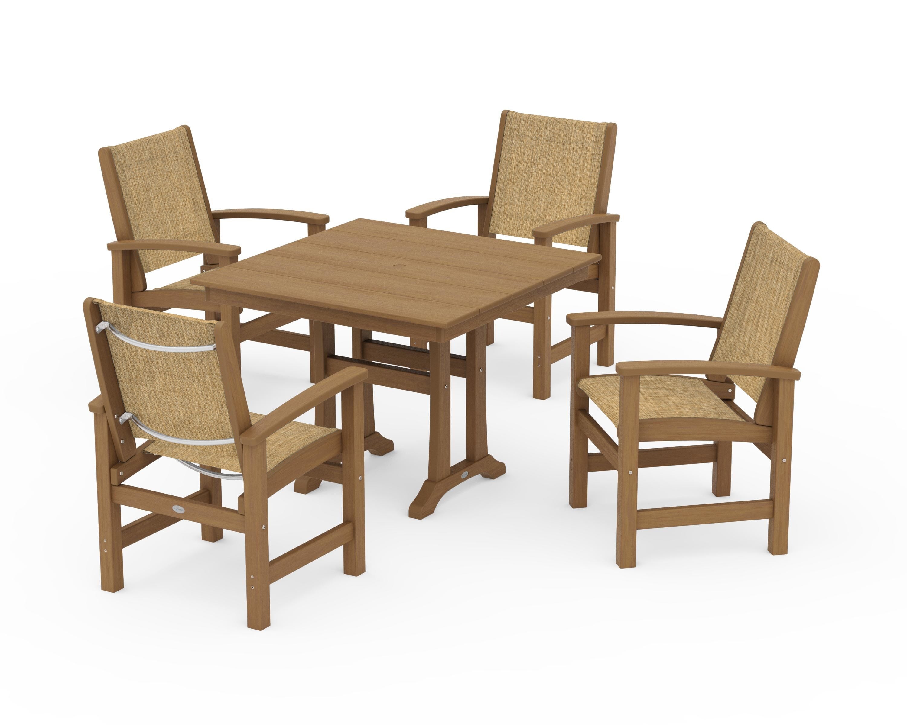 POLYWOOD Coastal 5-Piece Farmhouse Dining Set With Trestle Legs in Natural / Burlap Sling