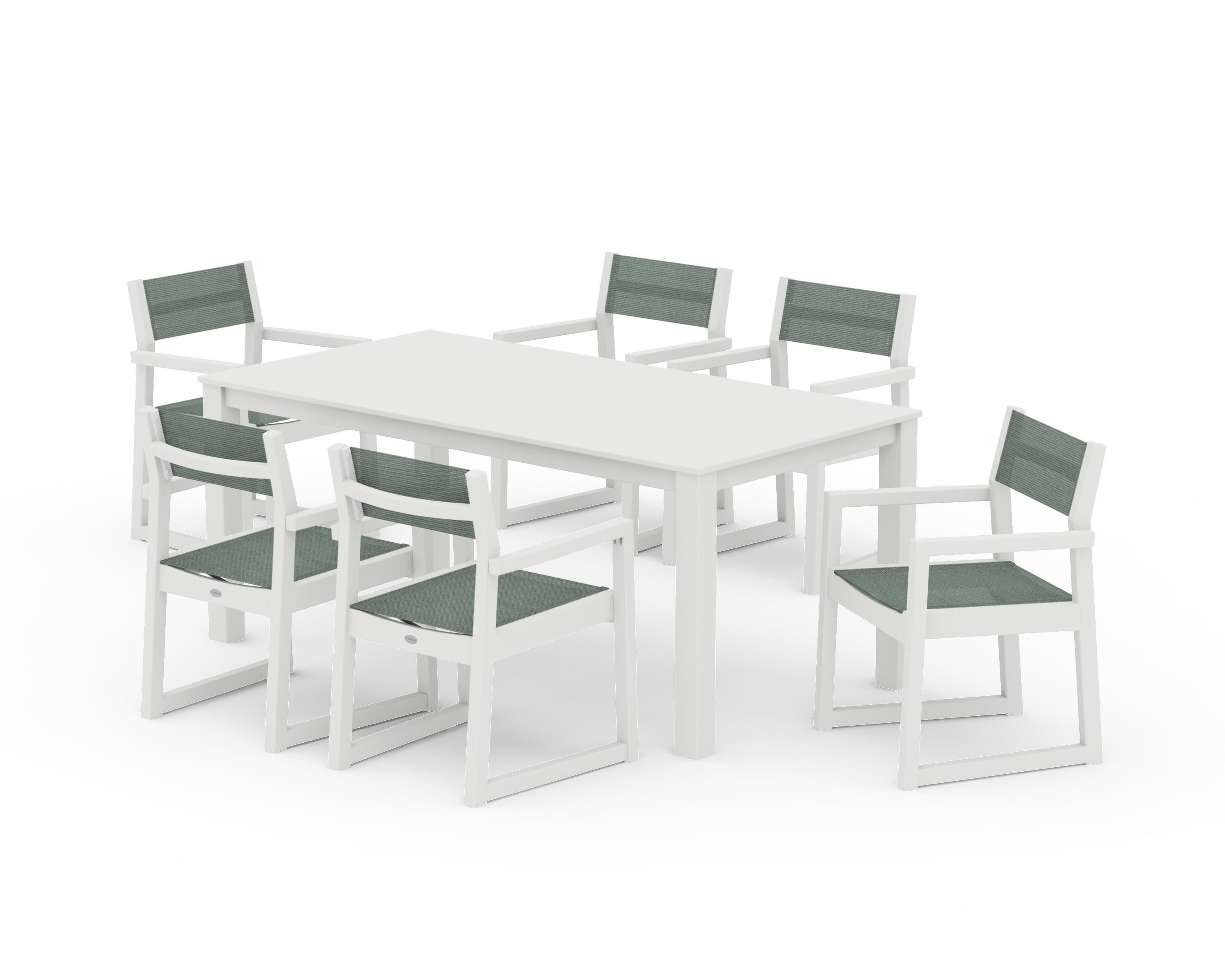 POLYWOOD EDGE Sling Arm Chair 7-Piece Parsons Dining Set in Vintage White / Dupioni Sea Mist Sling