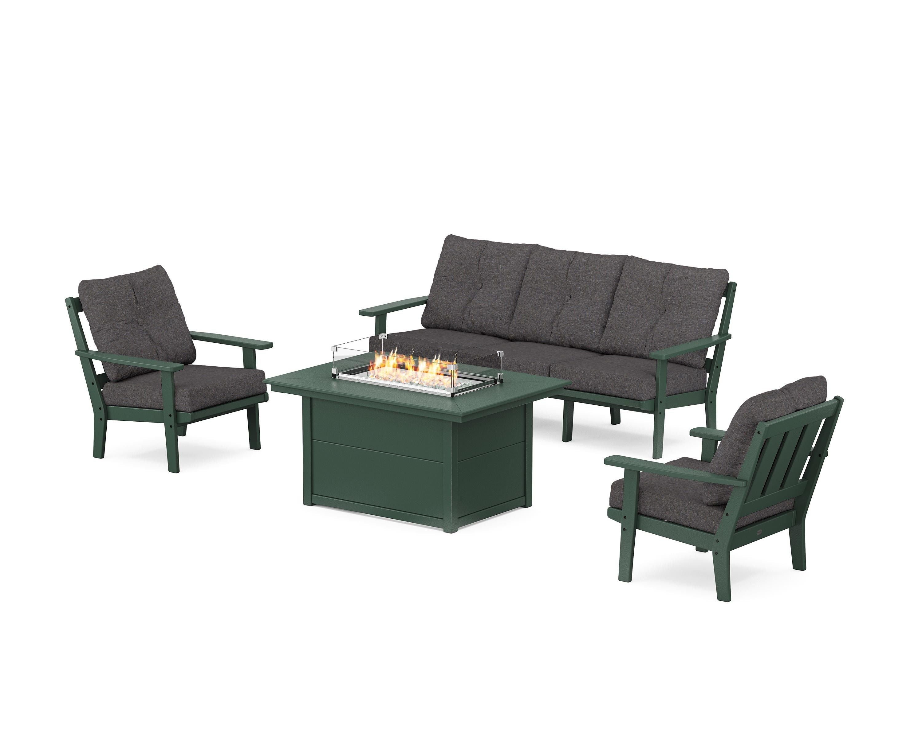 POLYWOOD Oxford Deep Seating Fire Pit Table Set in Green / Ash Charcoal