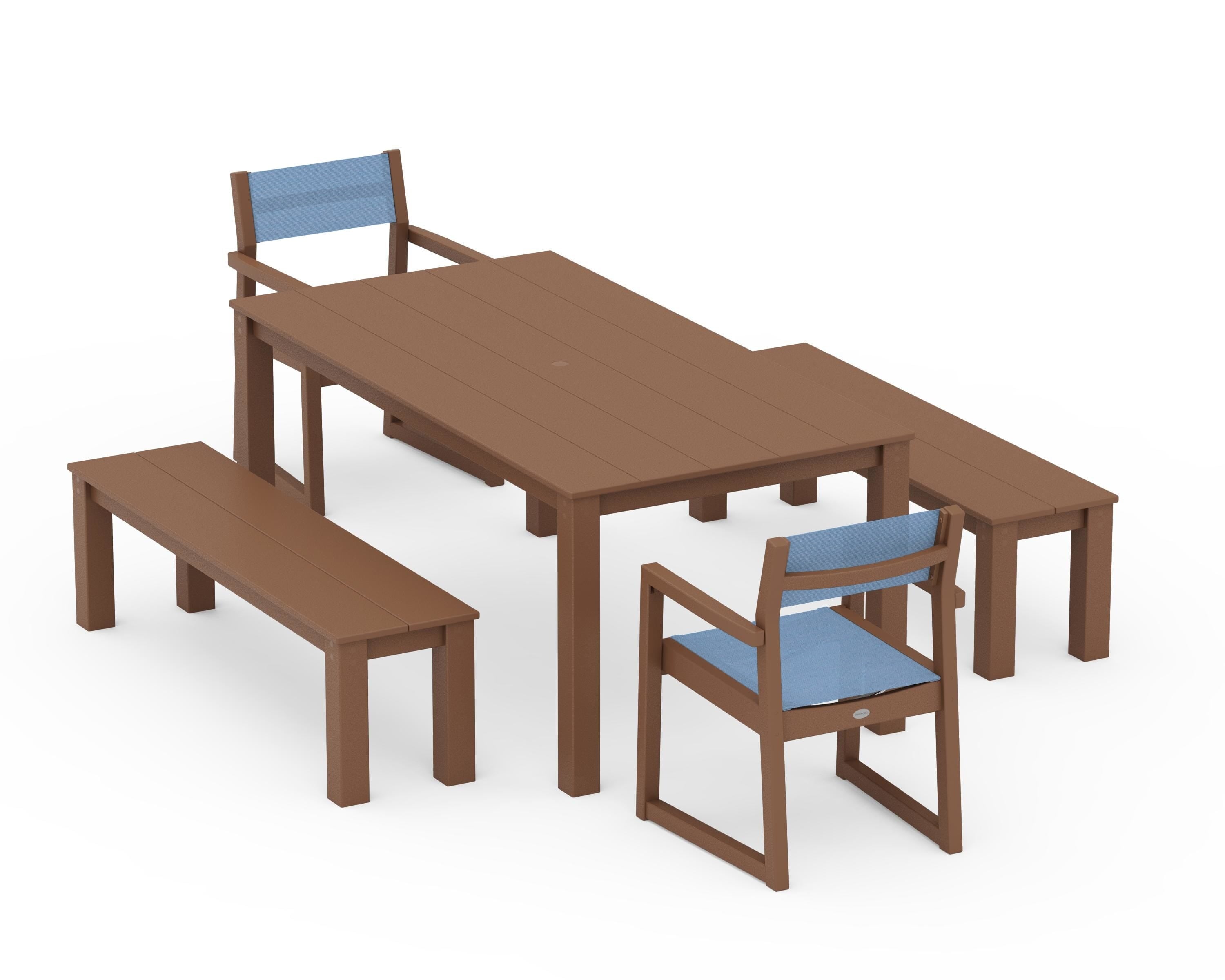 POLYWOOD EDGE Sling Arm Chair 5-Piece Parsons Dining Set with Benches in Teak / Poolside Sling