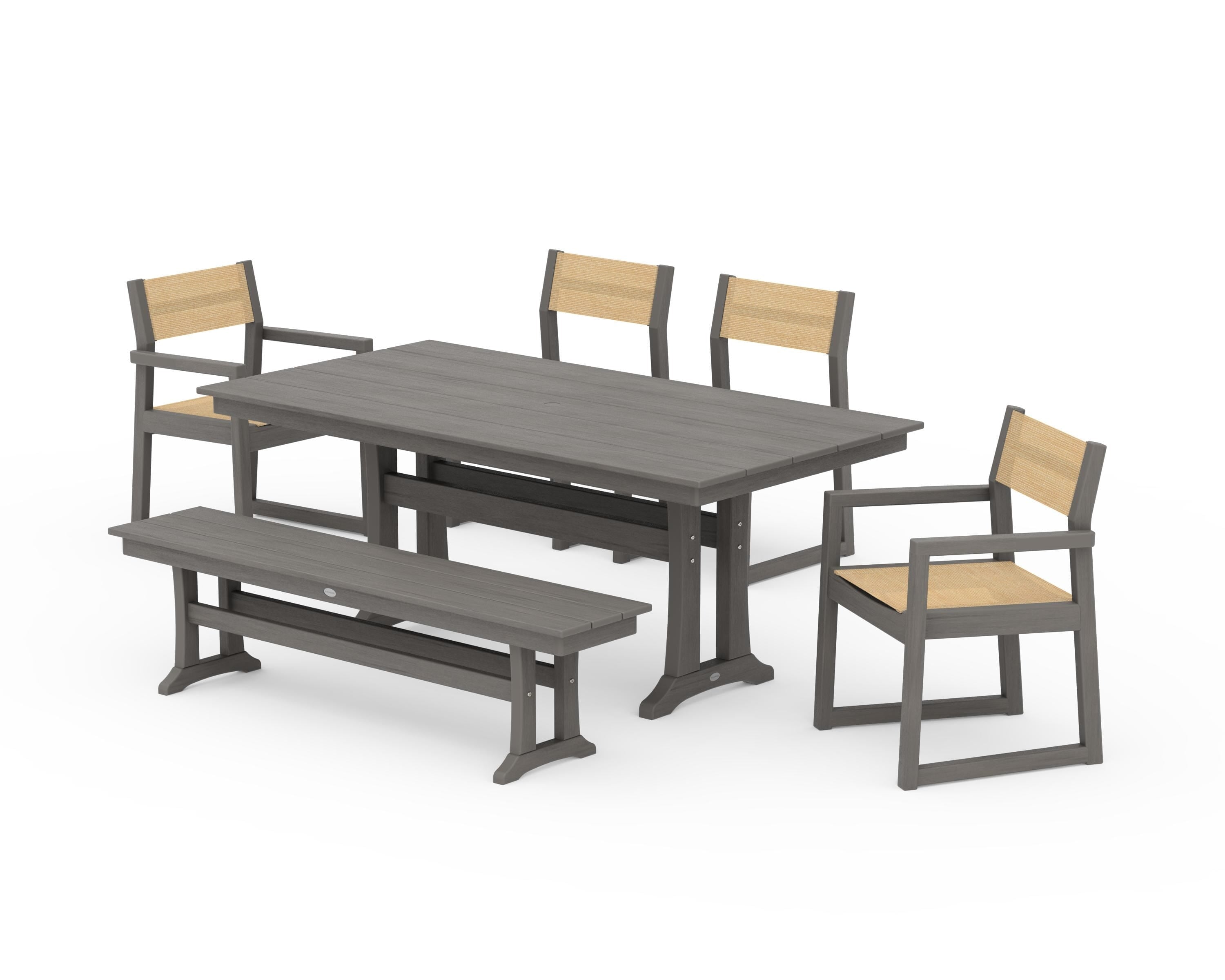 POLYWOOD EDGE Sling 6-Piece Farmhouse Dining Set With Trestle Legs in Driftwood / Dupioni Apricot Sling