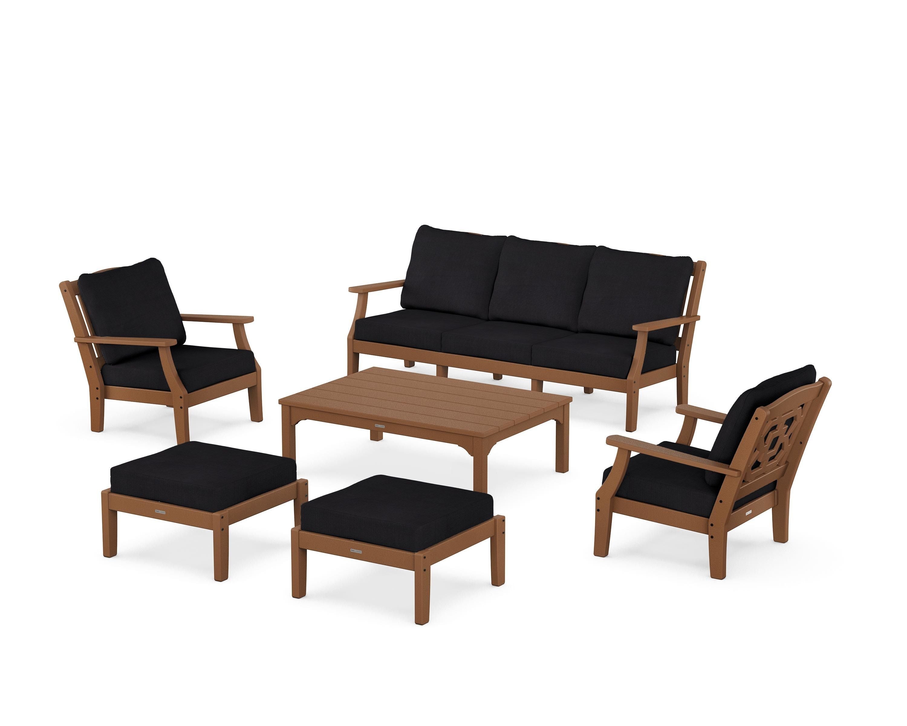 Martha Stewart by POLYWOOD Chinoiserie 6-Piece Lounge Sofa Set in Teak / Midnight Linen