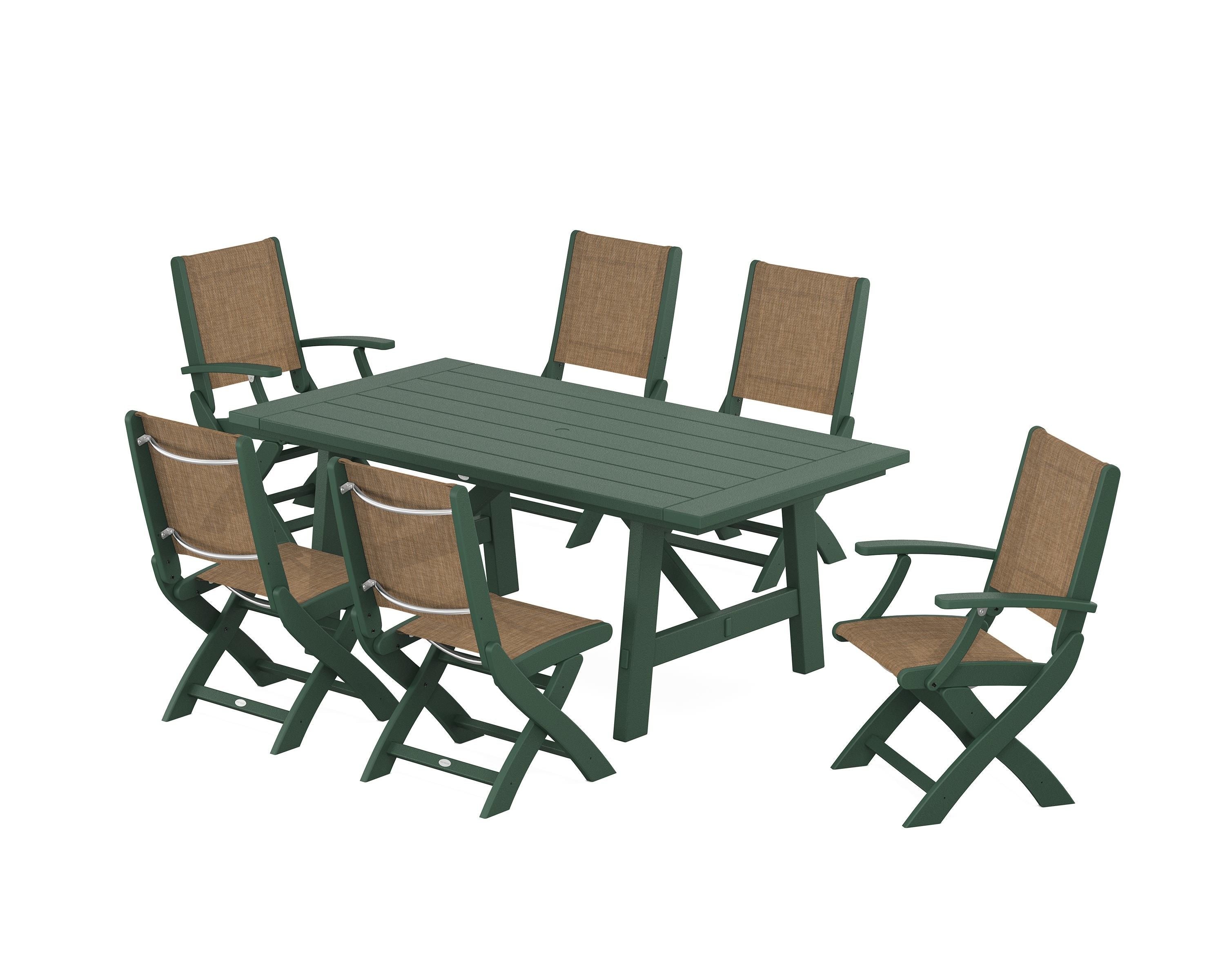 POLYWOOD Coastal Folding Chair 7-Piece Rustic Farmhouse Dining Set in Green / Burlap Sling