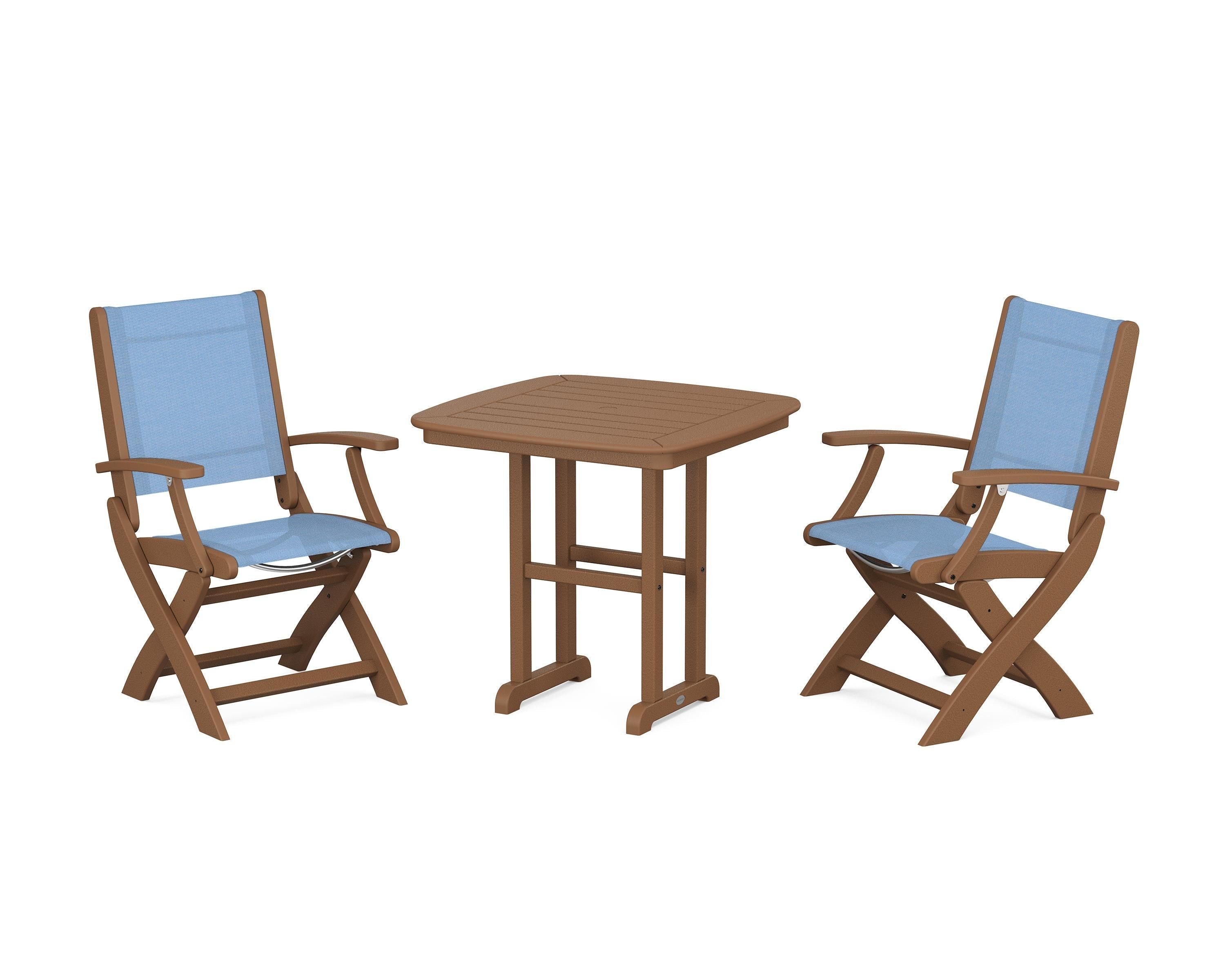 POLYWOOD Coastal Folding Chair 3-Piece Dining Set in Teak / Poolside Sling