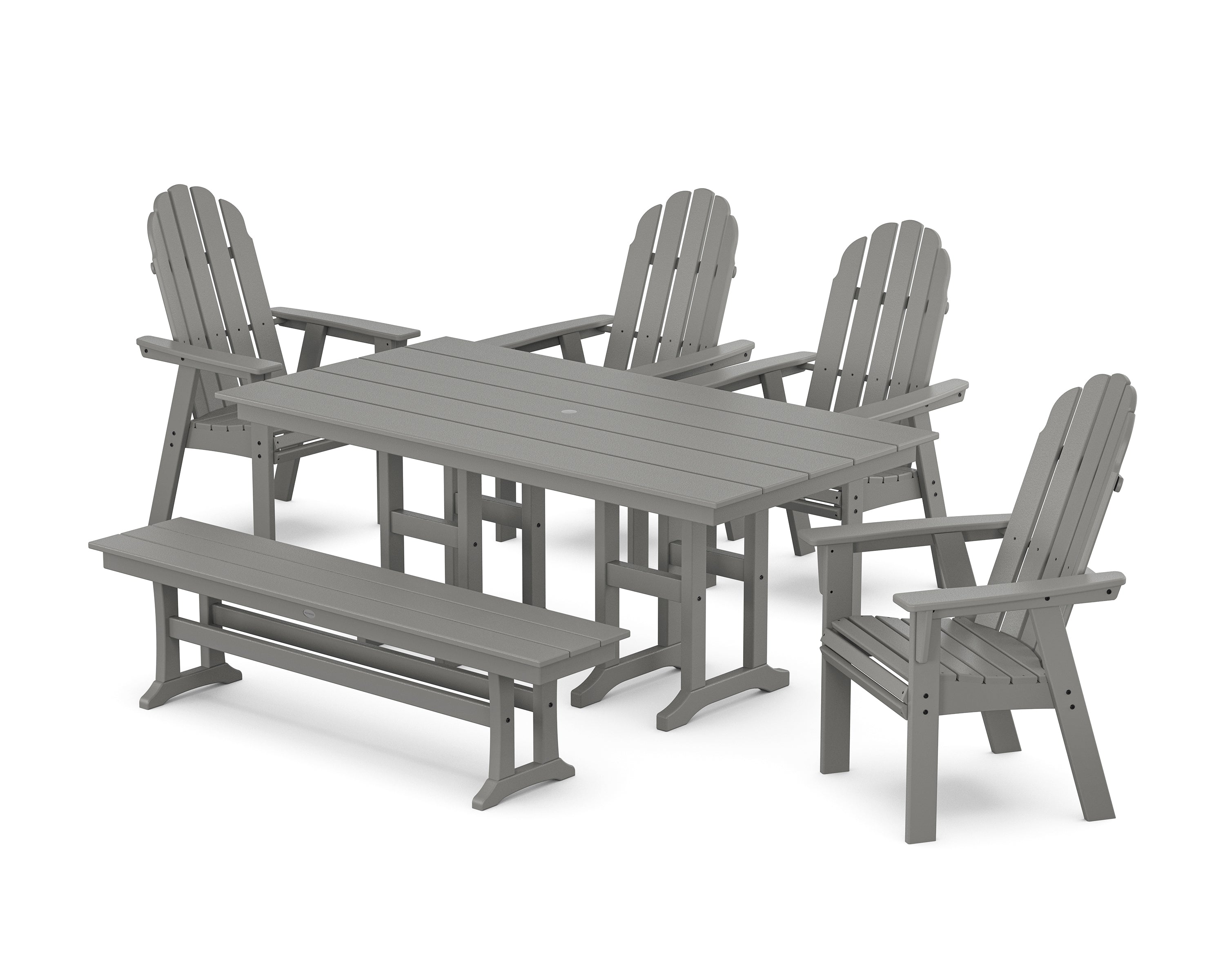 POLYWOOD Vineyard Curveback Adirondack Chair 6-Piece Farmhouse Dining Set with Bench in Slate Grey