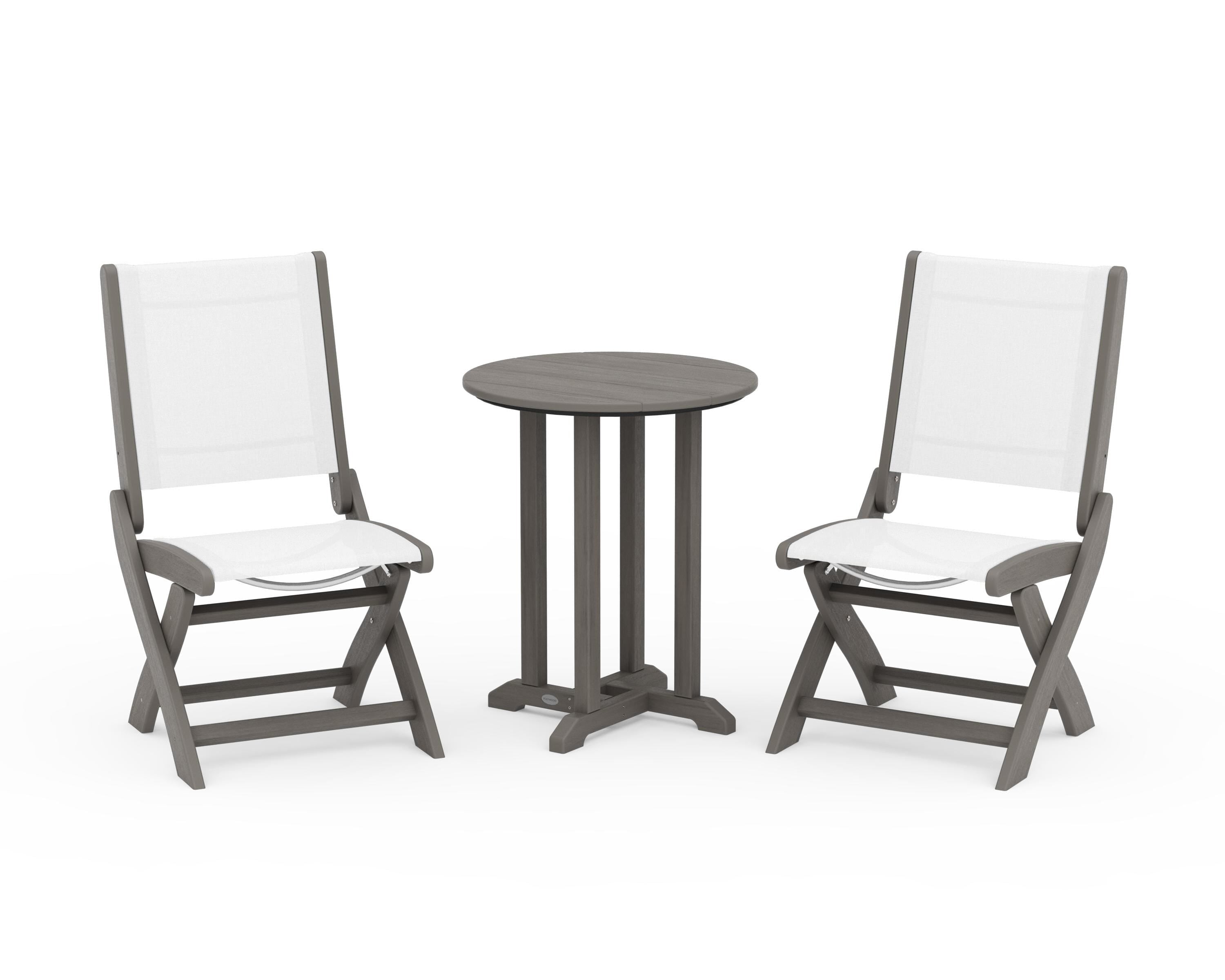 POLYWOOD Coastal Folding Side Chair 3-Piece Round Bistro Dining Set in Driftwood / White Sling