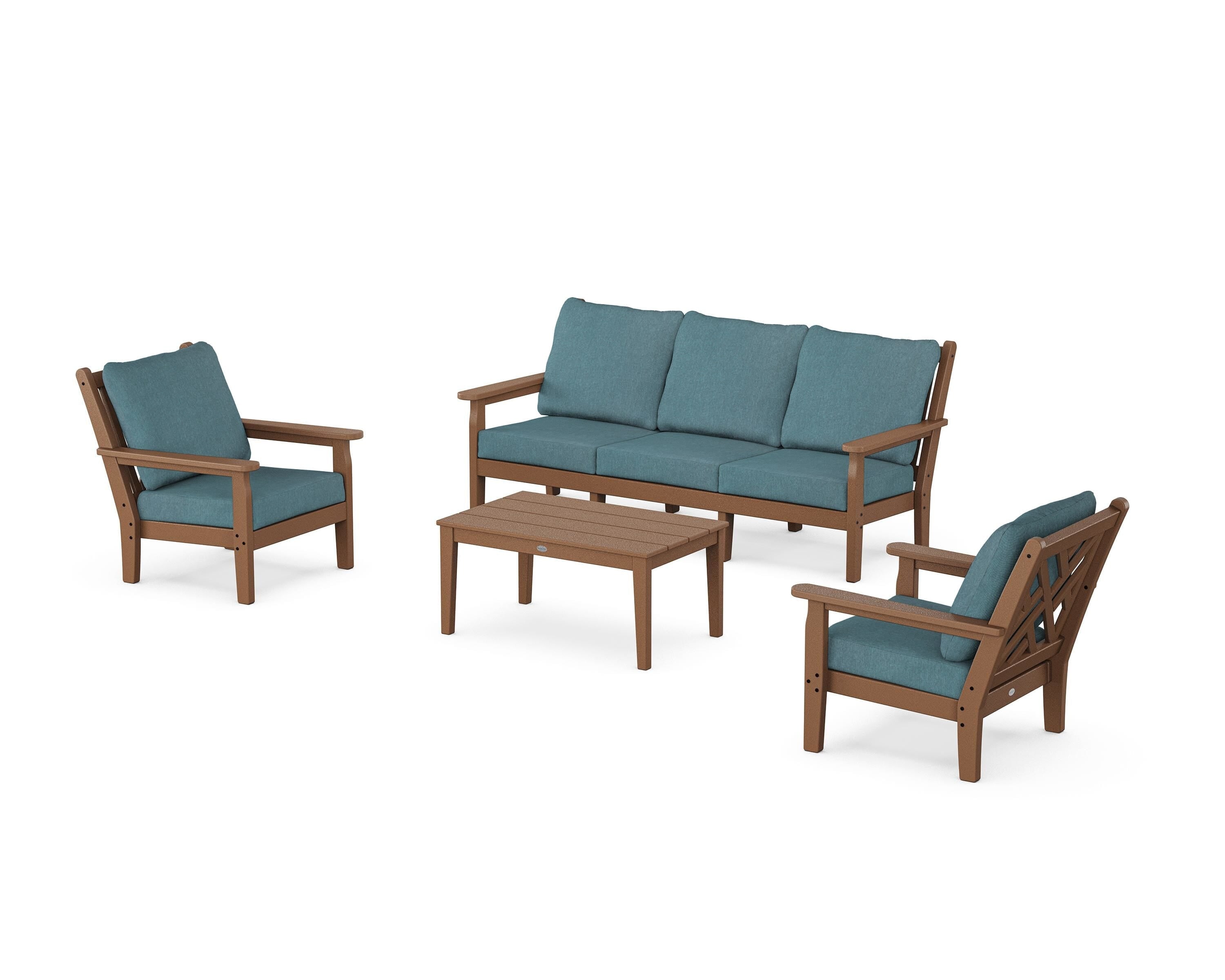 POLYWOOD Chippendale 4-Piece Deep Seating Set with Sofa in Teak / Ocean Teal