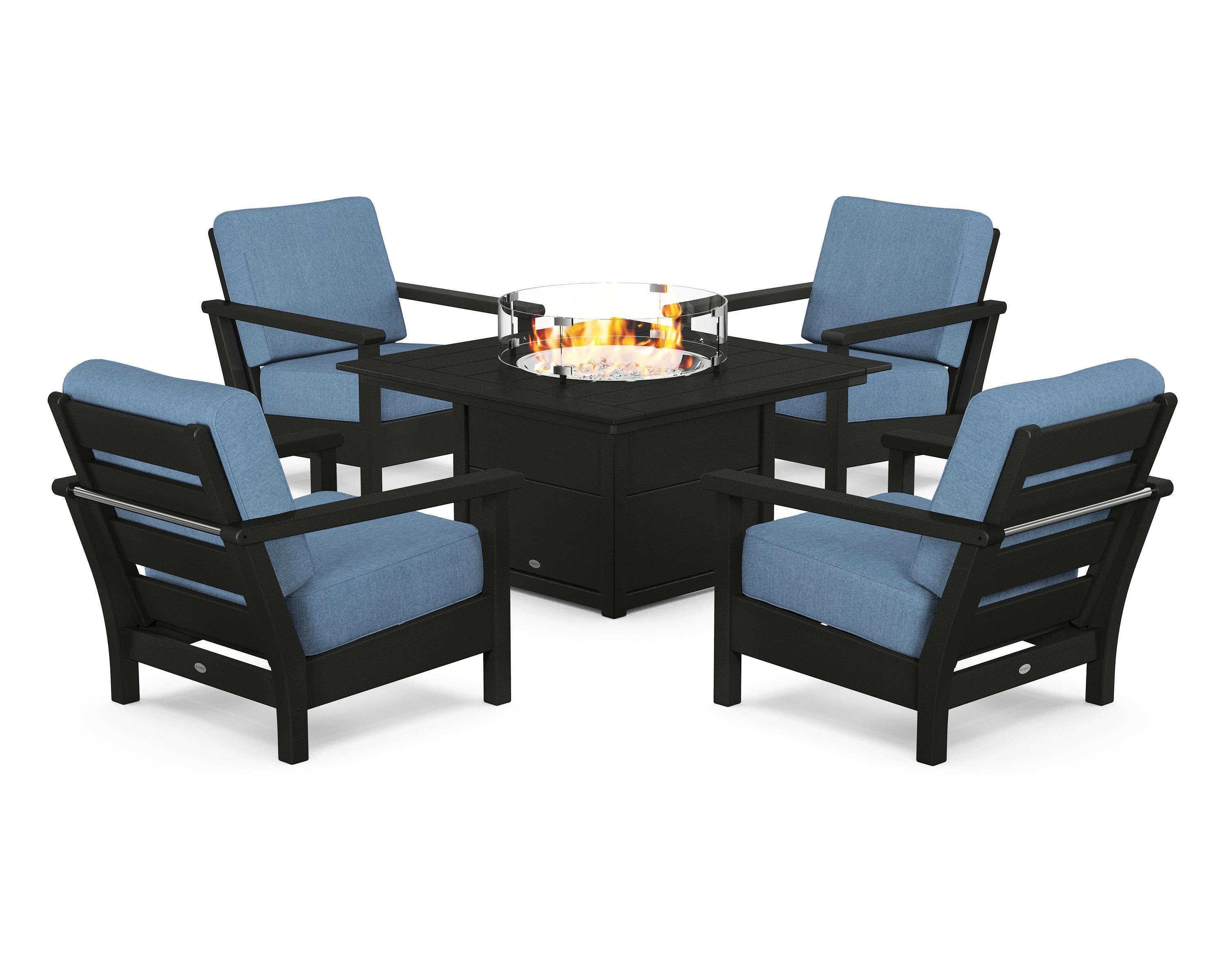 POLYWOOD Harbour 5-Piece Conversation Set with Fire Pit Table in Black / Sky Blue