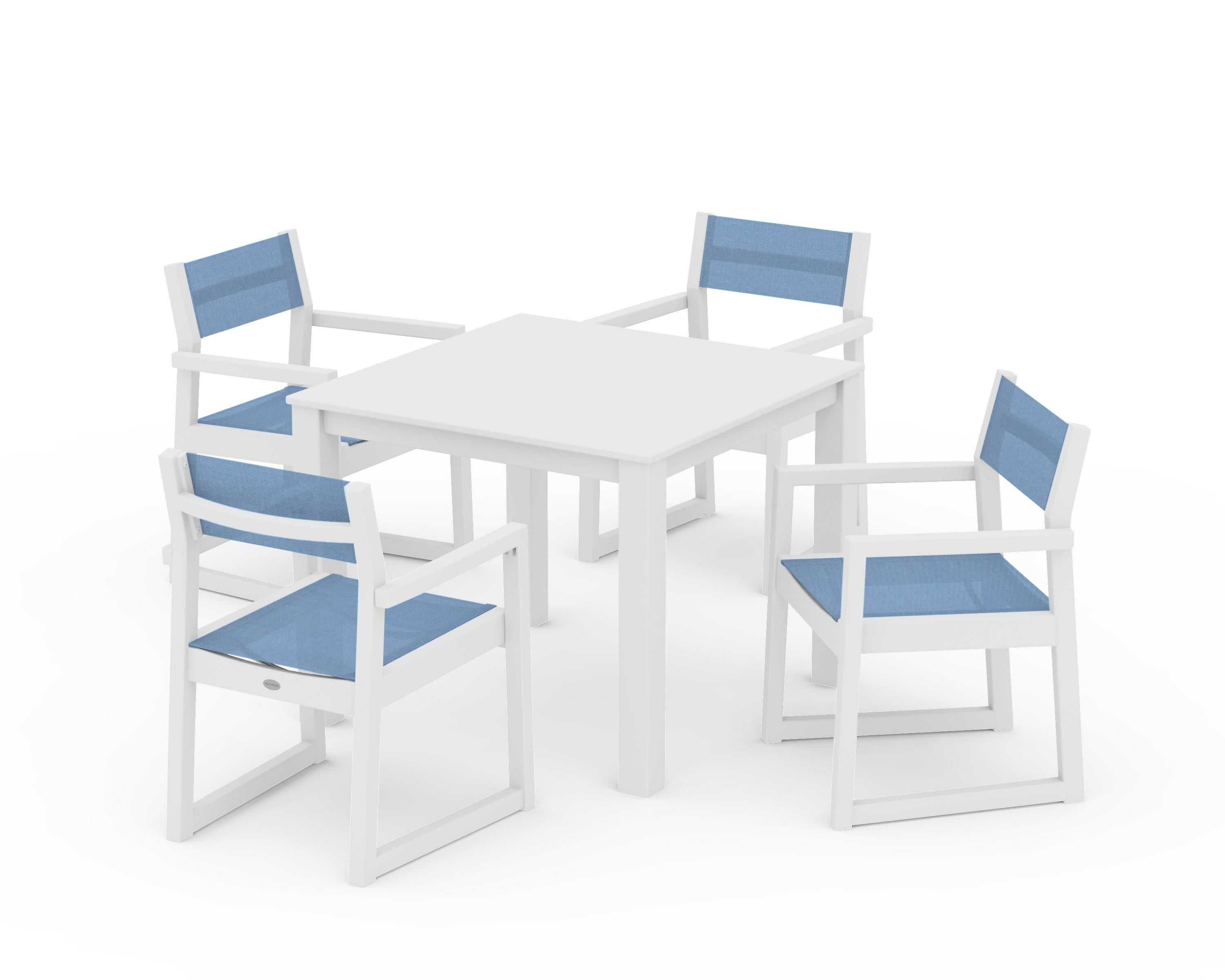 POLYWOOD EDGE Sling Arm Chair 5-Piece Parsons Dining Set in White / Poolside Sling