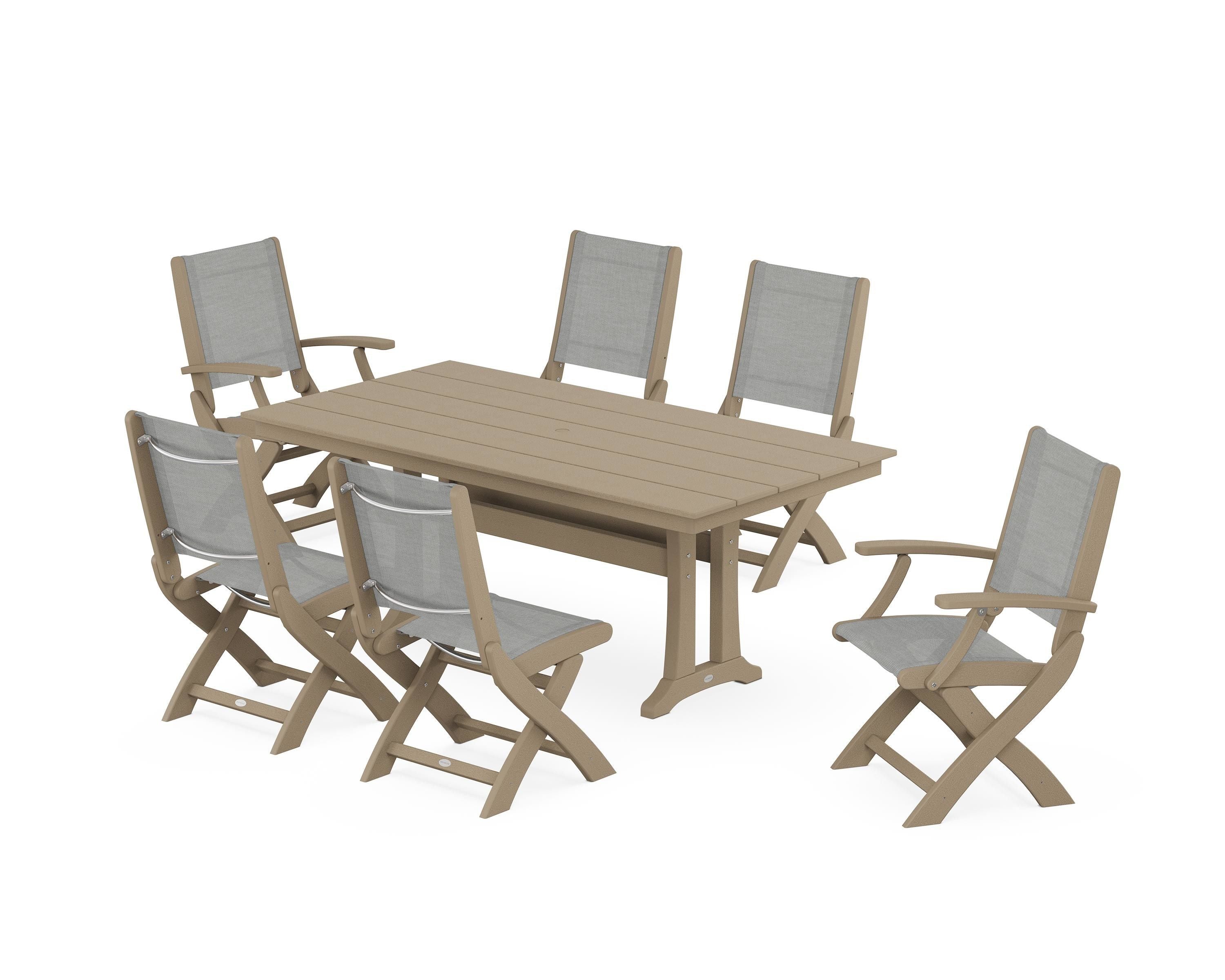 POLYWOOD Coastal Folding Chair 7-Piece Farmhouse Dining Set with Trestle Legs in Vintage Sahara / Metallic Sling