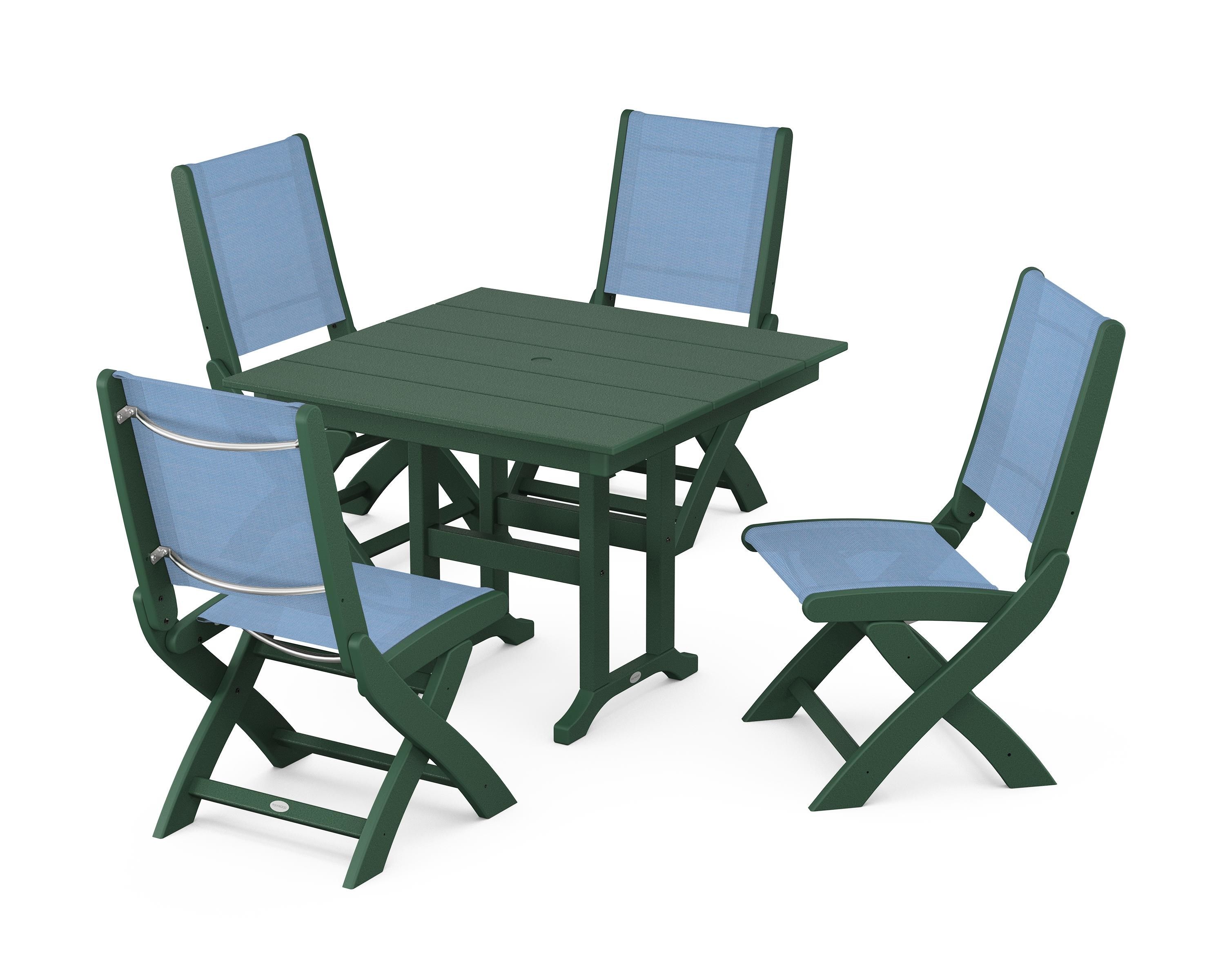POLYWOOD Coastal Folding Side Chair 5-Piece Farmhouse Dining Set in Green / Poolside Sling