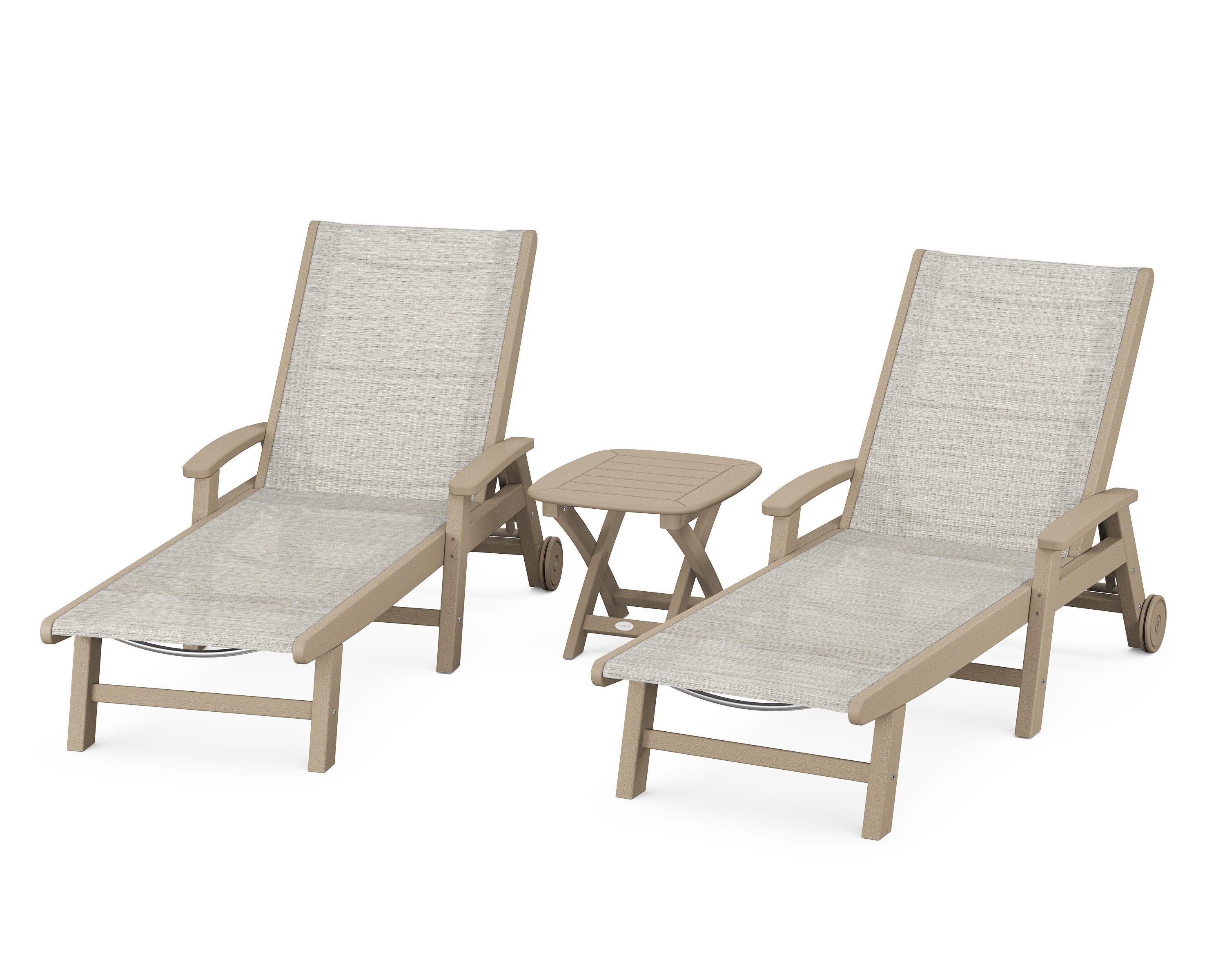 POLYWOOD Coastal 3-Piece Wheeled Chaise Set in Vintage Sahara / Birch Sling