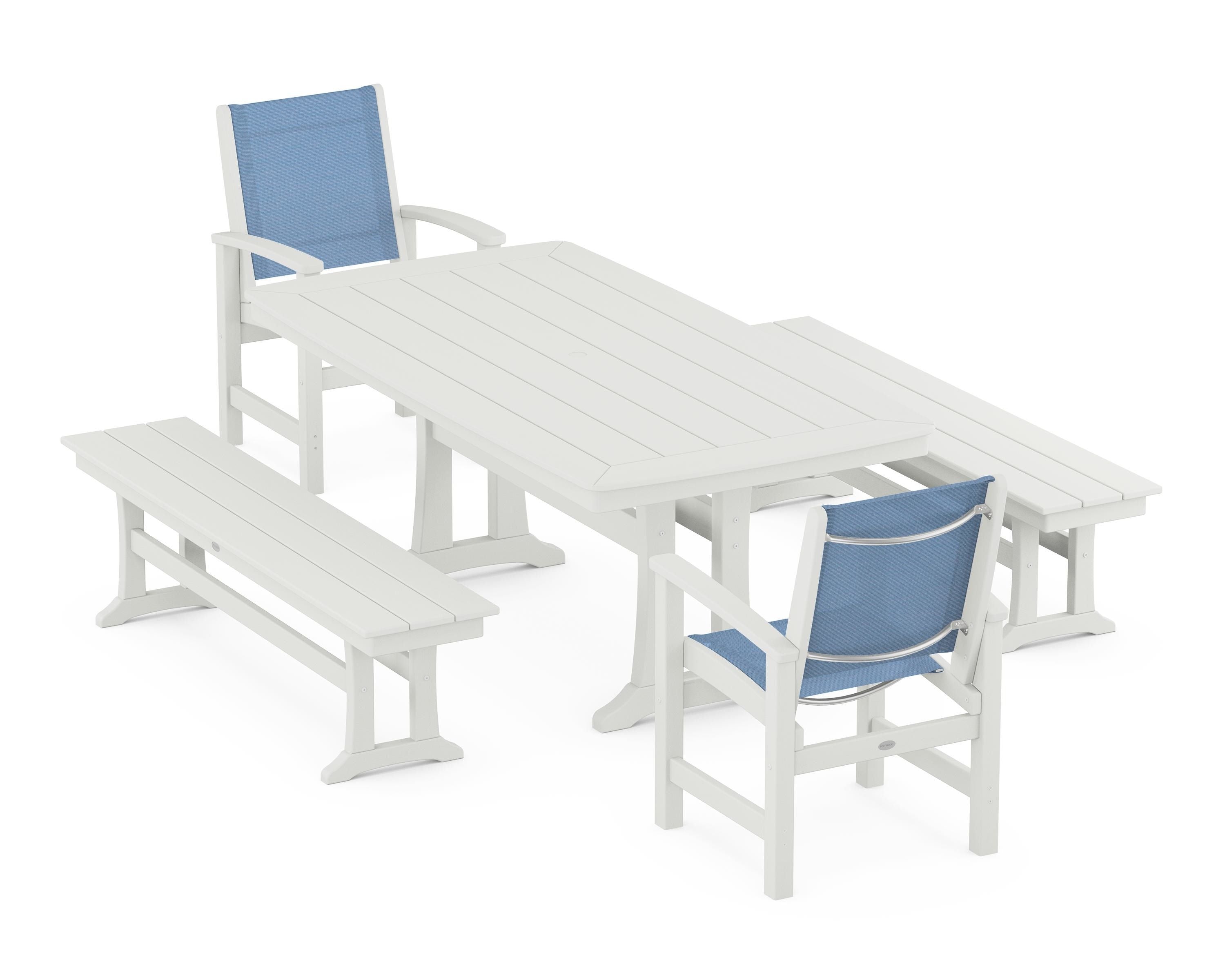 POLYWOOD Coastal 5-Piece Dining Set with Trestle Legs and Benches in Vintage White / Poolside Sling