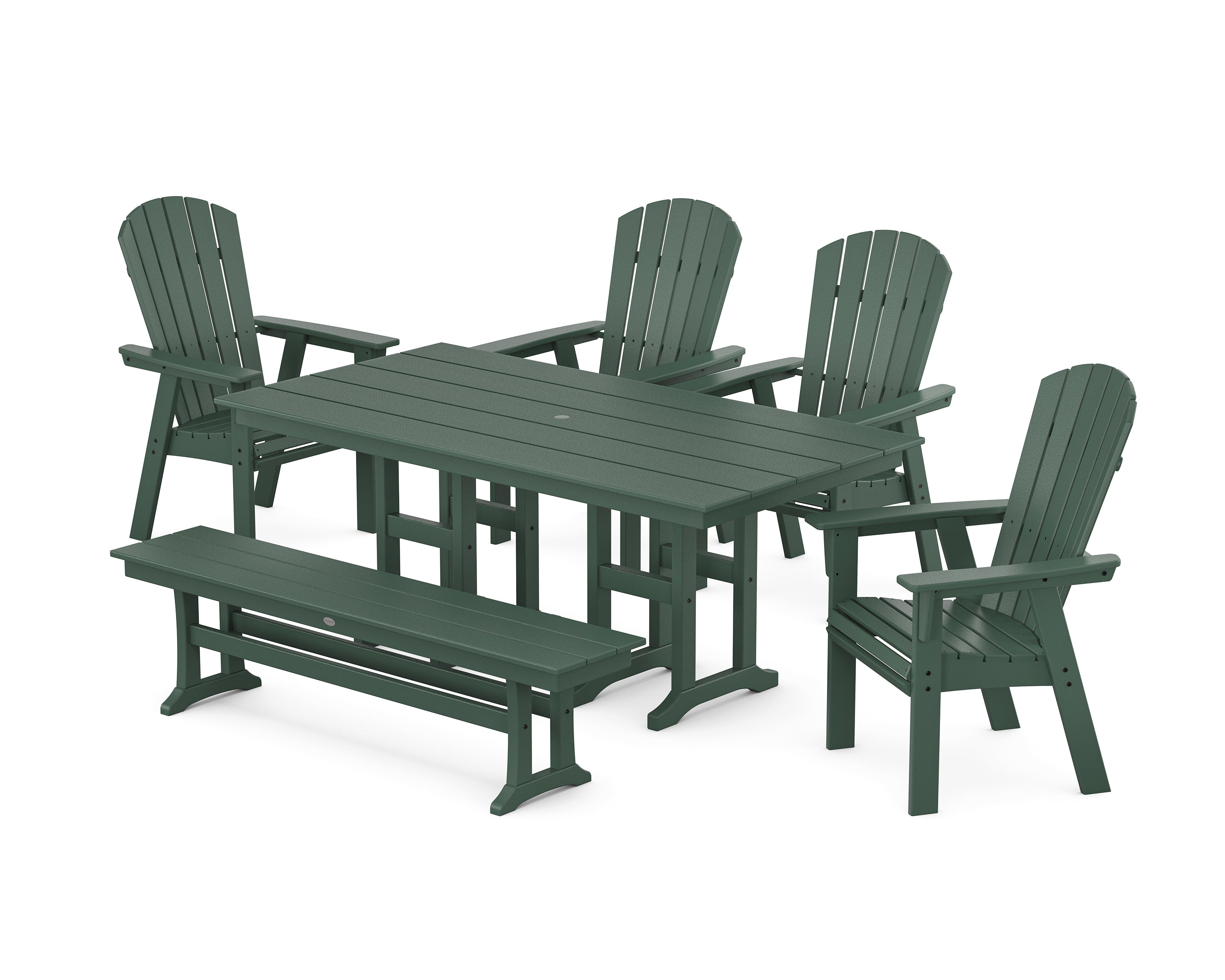 POLYWOOD Nautical Curveback Adirondack 6-Piece Farmhouse Dining Set with Bench in Green