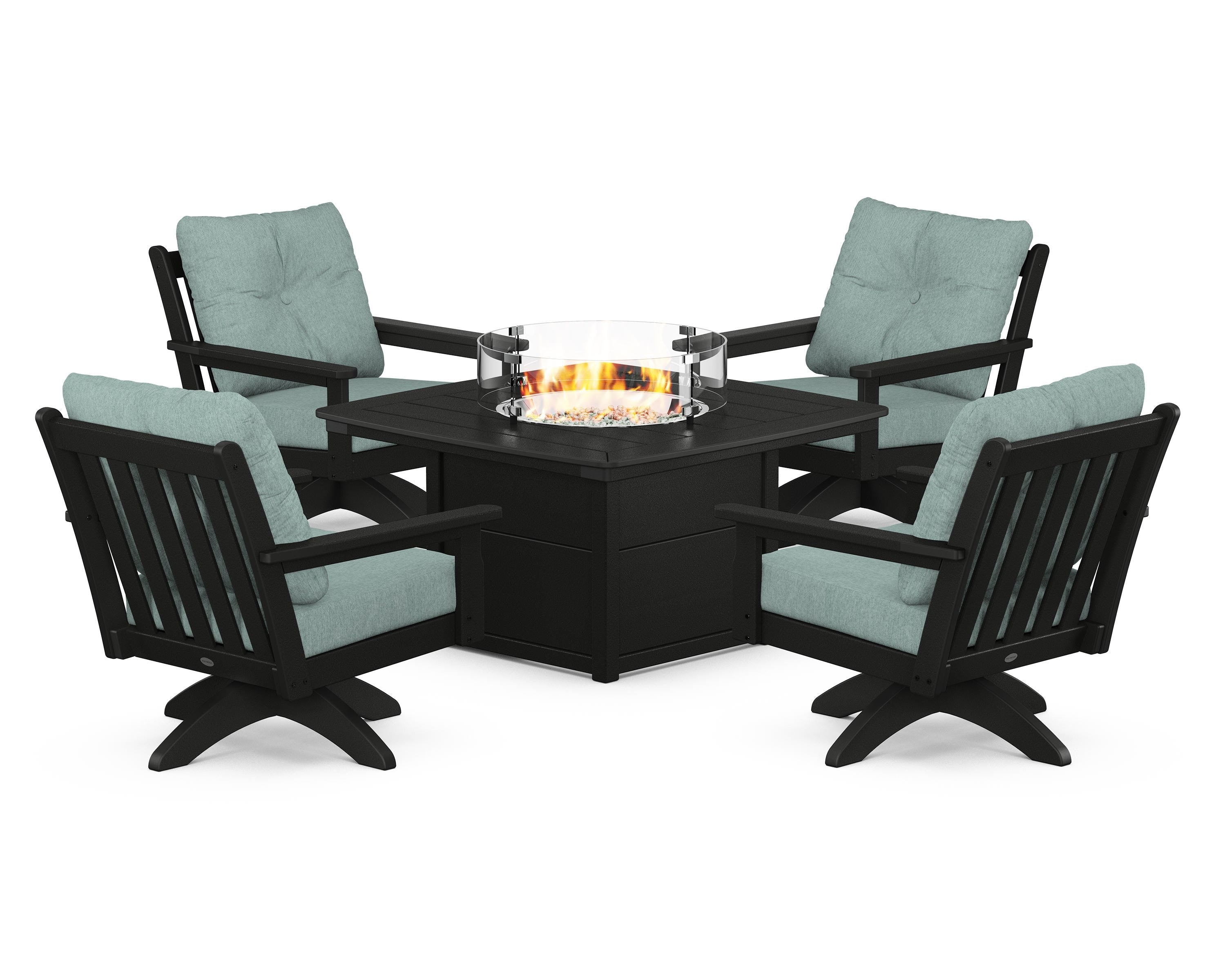 POLYWOOD Vineyard 5-Piece Deep Seating Swivel Conversation Set with Fire Pit Table in Black / Glacier Spa