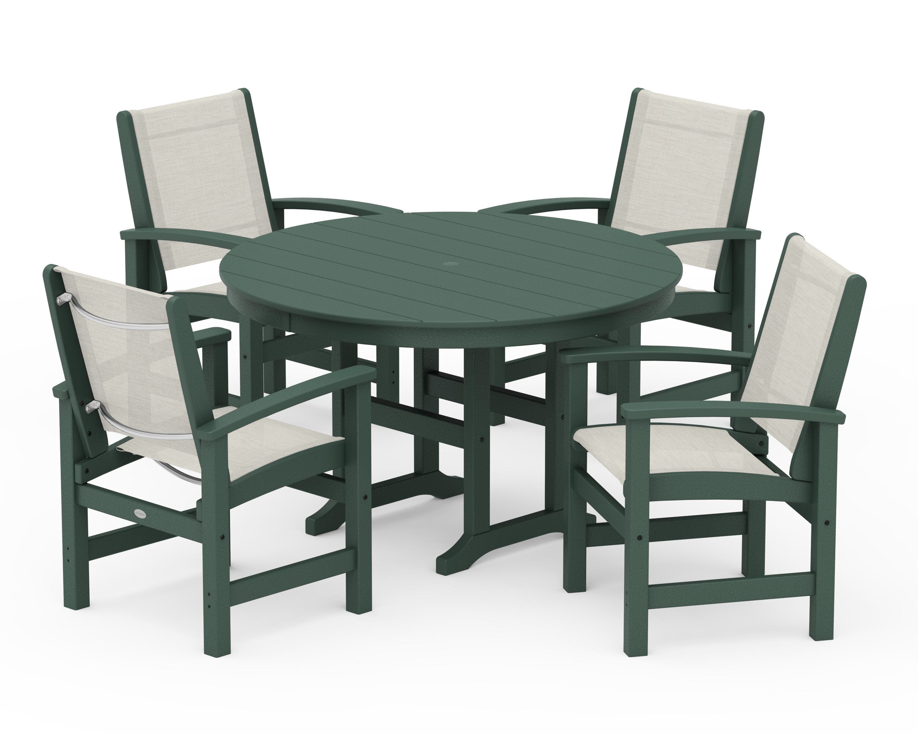 POLYWOOD Coastal 5-Piece Round Farmhouse Dining Set in Green / Parchment Sling