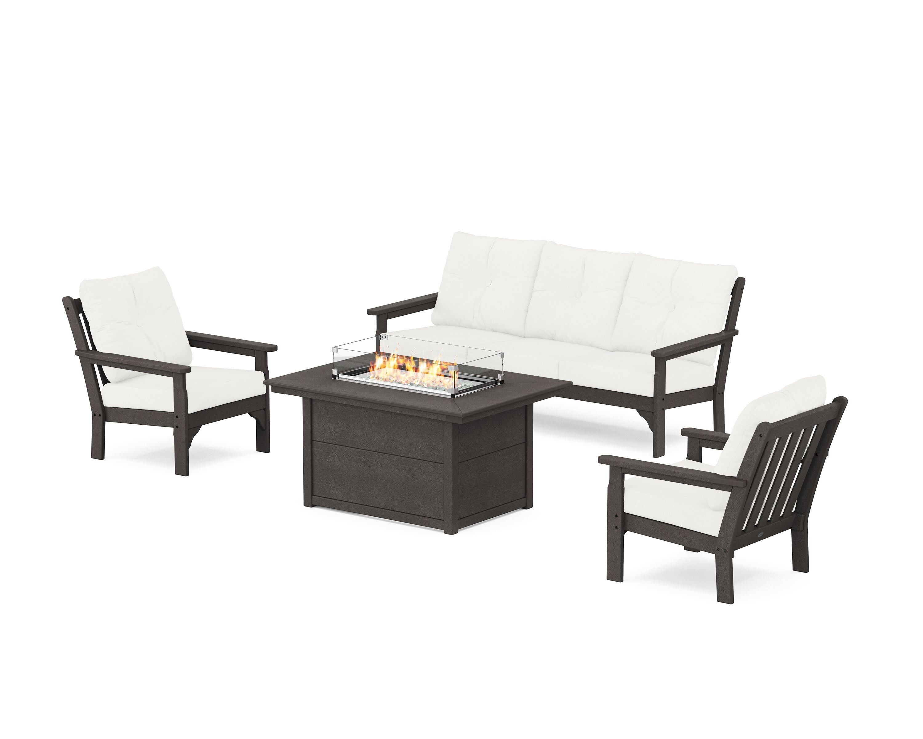 POLYWOOD Vineyard Deep Seating Fire Pit Table Set in Vintage Coffee / Natural Linen