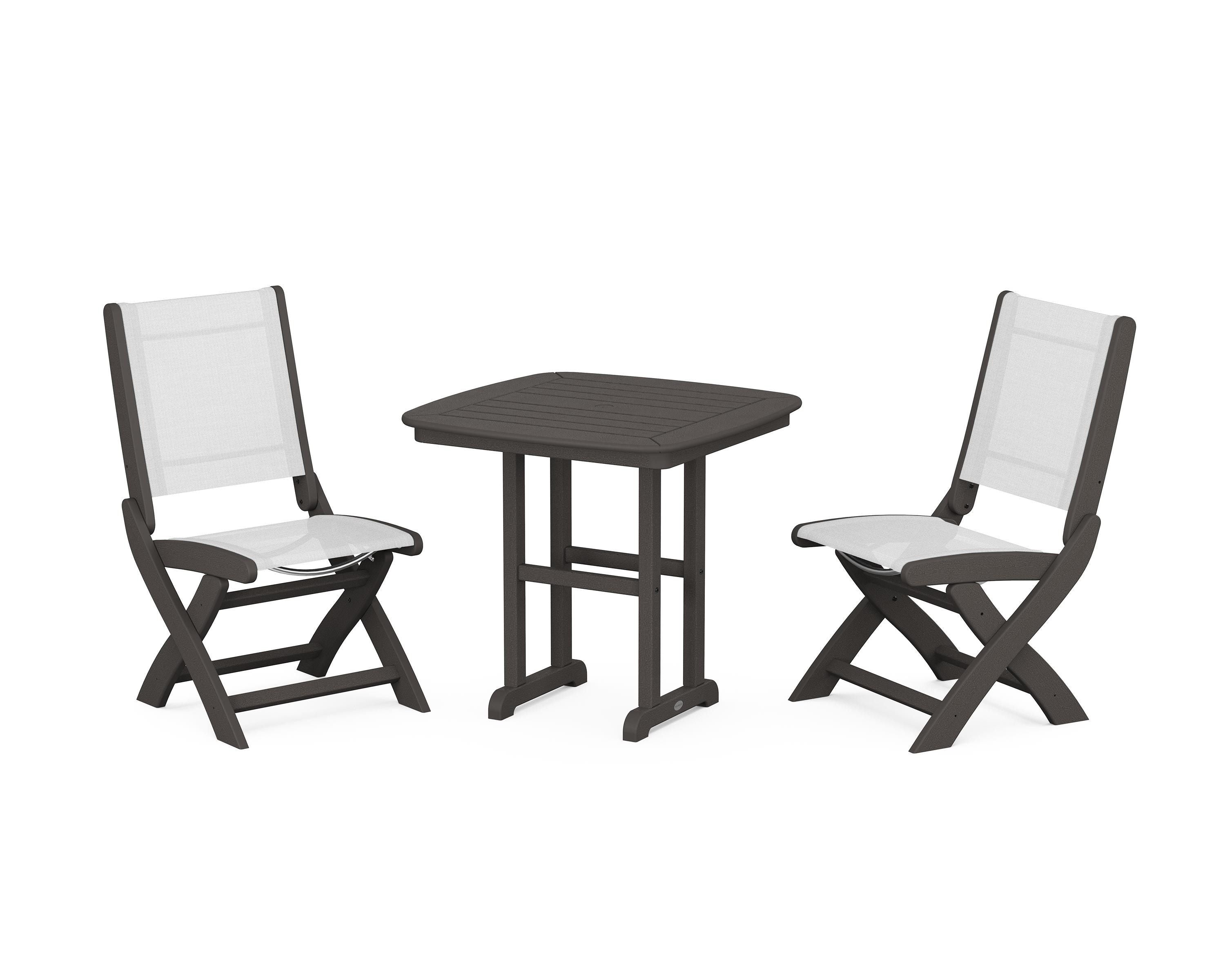POLYWOOD Coastal Folding Side Chair 3-Piece Dining Set in Vintage Coffee / White Sling